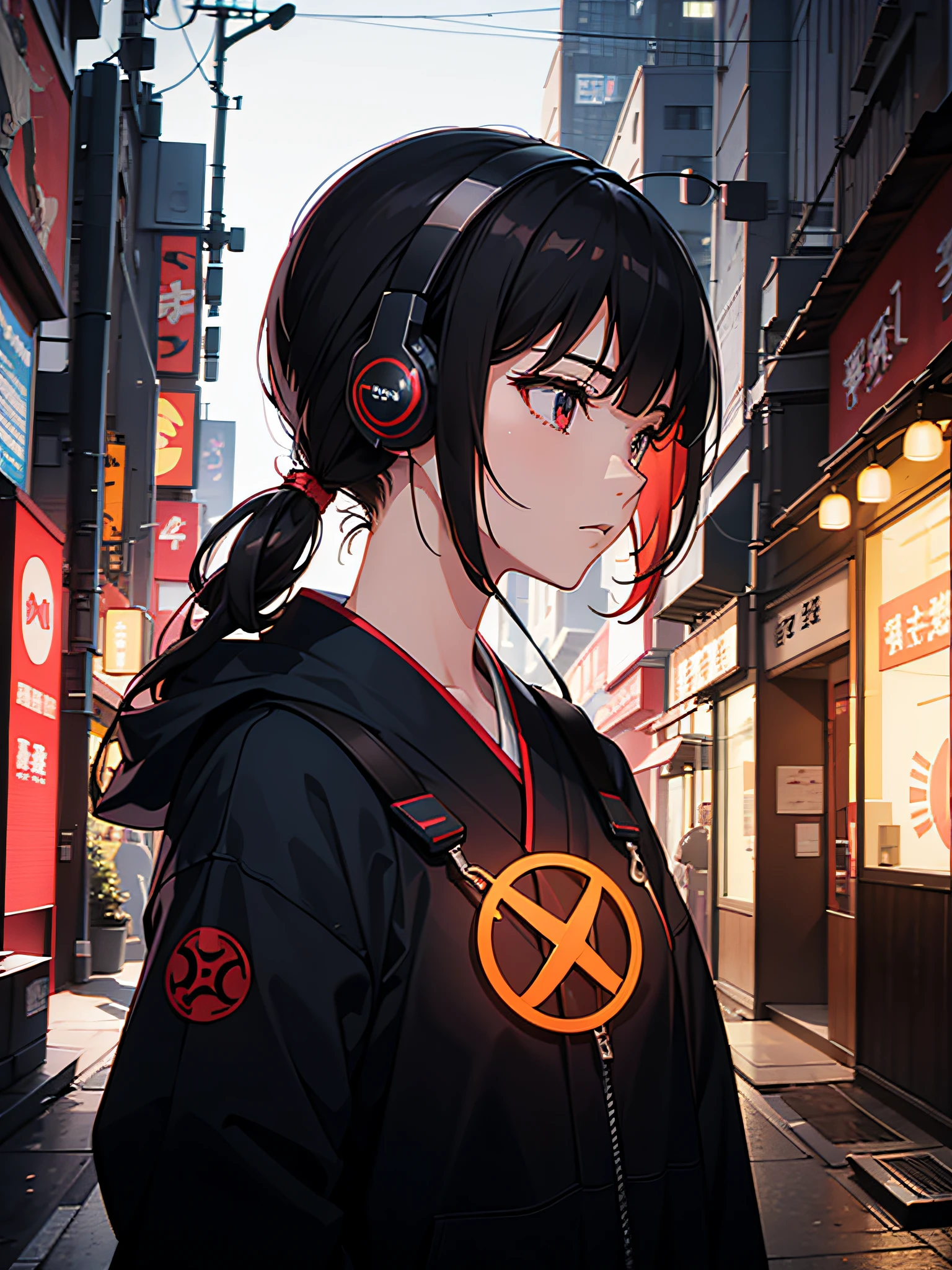 Cyberpunk, Illustration profile of red LED female samurai wearing a mask, Wearing overhead headphones and looking down, Side view facing right, Background of the Japan in Tokyo, Provector, high detailing, Vibrant, Japan hologram symbol, Barcode Design, 4K, nffsw, masutepiece