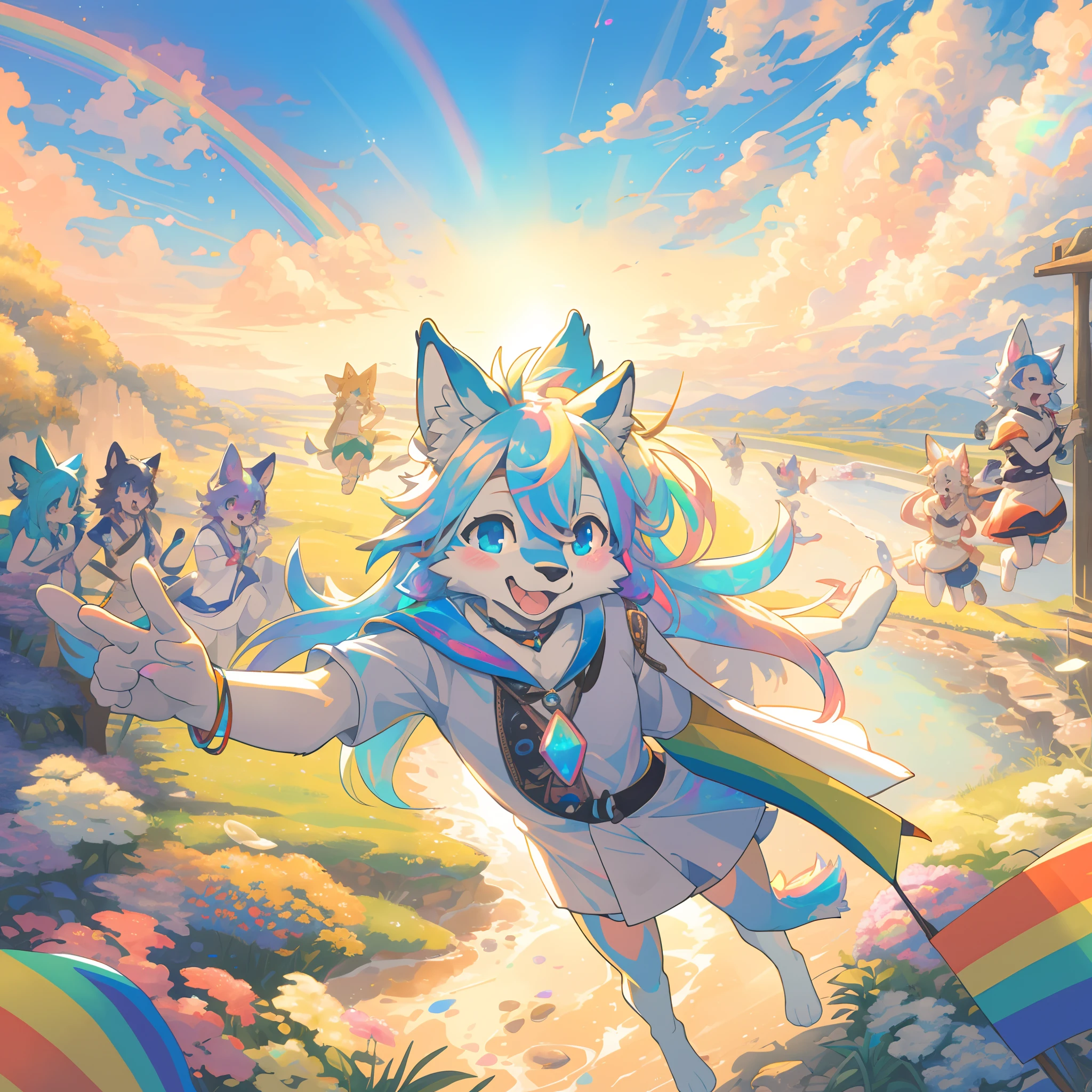 cover_page, highres, top quality, best quality, paid reward available, High-quality illustrations, unparalleled masterpiece, perfect artwork, absurdres, super high resolution, detailed background, rainbow opal, 6+boys, 6+girls, Happy, joyful(Photos of solo travelers)(kemono, furry anthro),