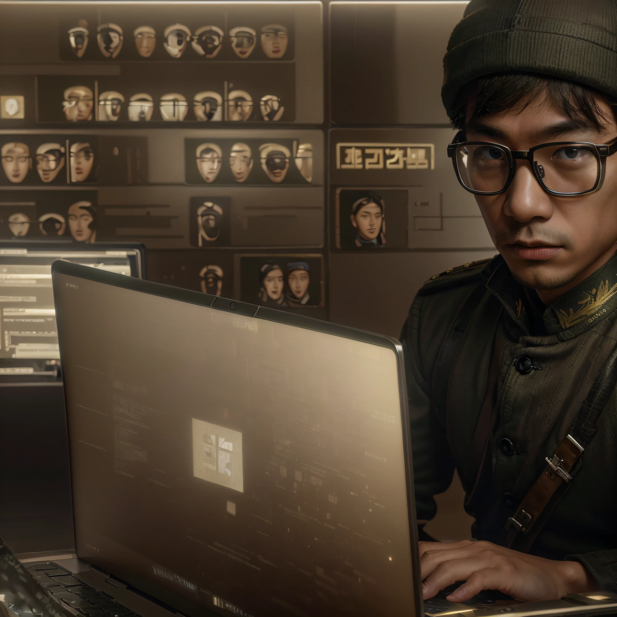 young Chinese male soldier, thin Chinese face, wearing thick frame glasses, light brown military uniform, black wool beanie hat, working on a laptop, inside a computer laboratory, many computer screens, cables and servers, realistic , 4k, Ultra detailed image, realistic, Highly detailed, perfect composition, gorgeous, Intricately detailed, incredibly detailed, Art photography 8K, hyper detailed, Masterpiece, Ultra detailed, hyper realistic, 4k, Ultra detailed image, realistic, Highly detailed, perfect composition, beautiful, intricately detailed, incredibly detailed, art photography 8k, hyper detailed, masterpiece