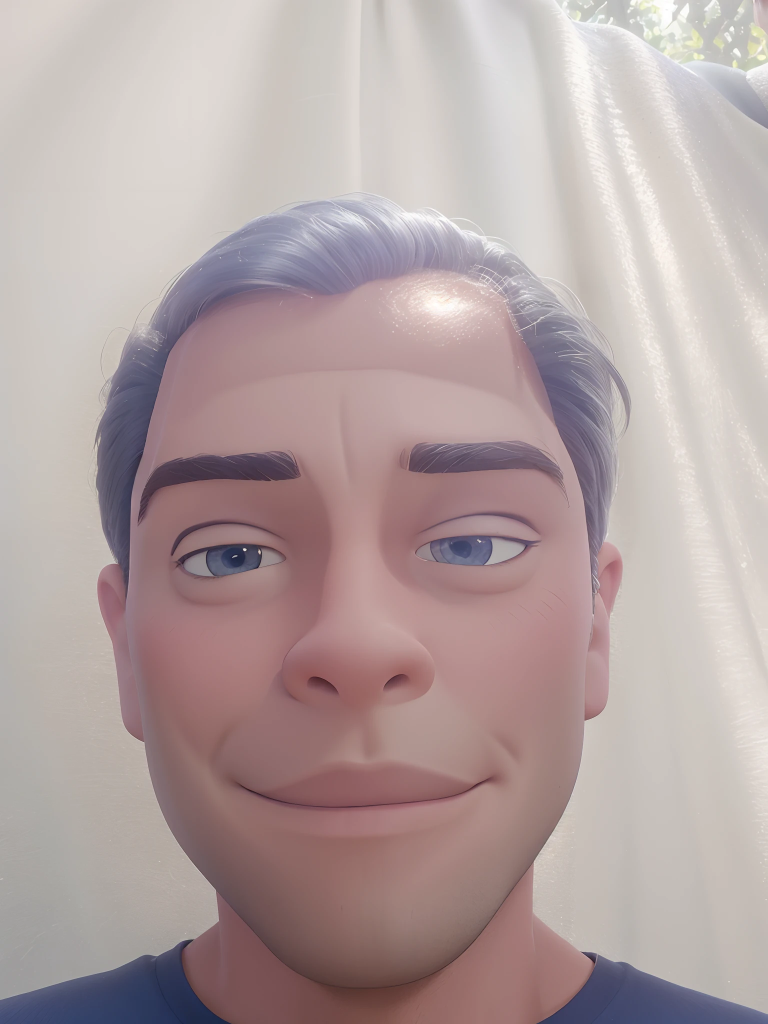 1 homem, Selfie, Estilo Disney Pixar, cabelos pretos, camisa bege, rosto detalhado,