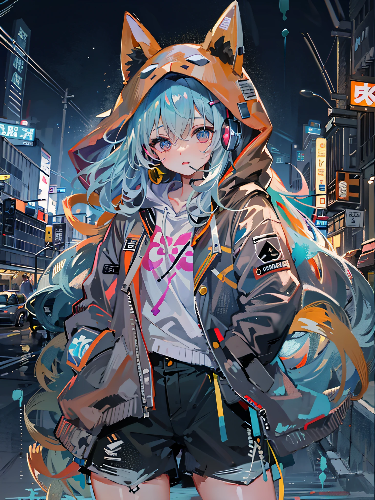 8K分辨率、((top-quality))、((masterpiece))、((ultra-detailliert))、1 woman、独奏、incredibly absurdness、Oversized hoodies、headphones、Street、plein air、Sateen、neons、Shortcut Hair、Brightly colored eyes、Hands in pockets、shortpants、water dripping