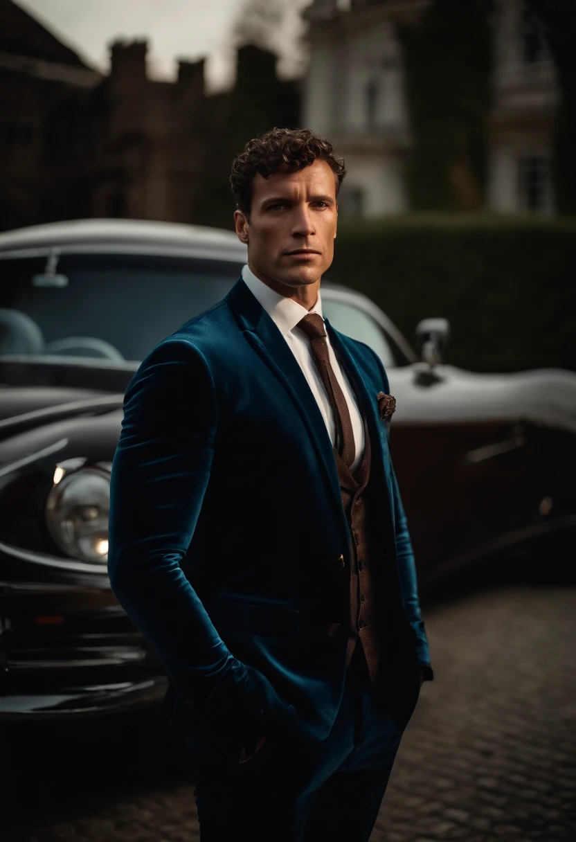 full bodyesbian, Close-up portrait of a wide angle photo of a handsome man's body , Tall，Fit and fit, (40 years:1.1), (Shaved:1.2) , (Very short brown hair and a little curly:1.5),(Very short hair:1.6). (Dark blue velvet skinny suit:1.3). (Outside the mansion with luxury cars:1.1),Cold and dark sunset at dusk, (Edge light:1.1),(focused on the eyes), (proud look), (Hard light on the skin:1.2), (hard shadows, dark themes, Depth contrast:1.1), (Portrait photography by Anne Liebowitz), Dark mint theme and choral aesthetic, (skin blemish)