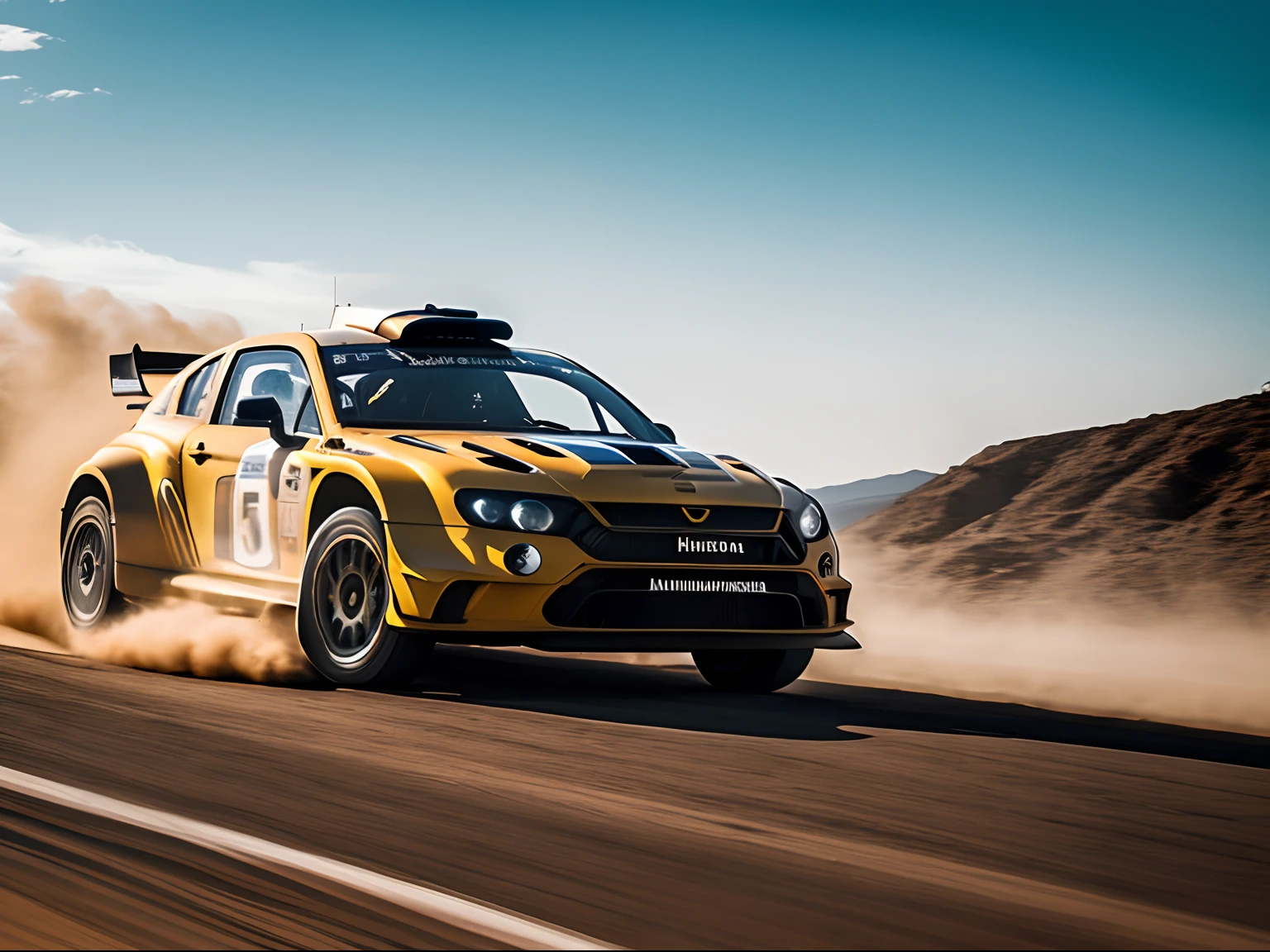 Cinematic Still A Rally car leaping over a hill, capturing its aerodynamic design and high-speed dynamics. Mid-Air, Wide Angle, Dust Clouds in the Background, Golden Hour, Hasselblad X1D II 50C, Warm Color Palette, Tense Competition, directed by Ridley Scott.