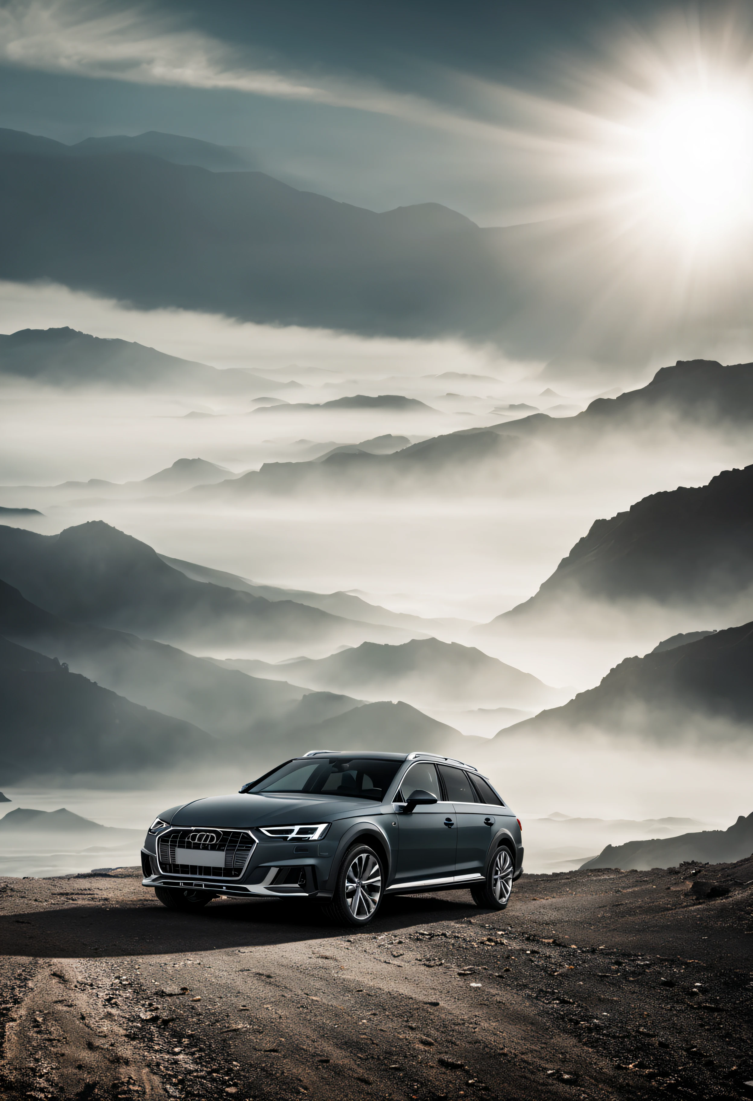 um 2019 Audi A4 allroad quattro, cinematic color grading, cinematic composition, Epic composition, Ultra Wide Angle View, luz cremosa, Top View Camera Angle, shot in studio with a Phase One IQ180, com lente 24mm