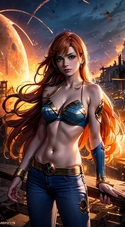 Scarlett Johansson, smiling, standing, full body, long red hair, with reflection blue streaks, in transparent bikini, 3d cup, stunning beauty, epic love, Broken Angels of light, full body, hyper realistic oil painting, Body horror, steampunk, by Peter Gric, Hans Ruedi Giger, Marco Mazzoni, dystopian, golden light, perfect composition --auto
