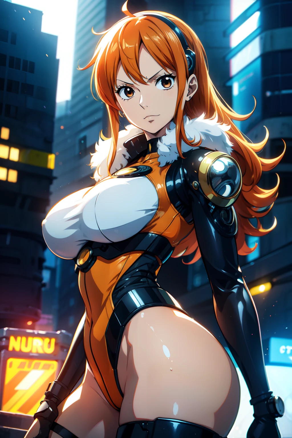 Nami from One Piece, orange  hair, beautiful brown eyes ((wearing  cyborg lutex cloth)), furry cyborg cloth, sexy ass, sexy boobs, lewd pose ,full body (futuristic cyborg surrounding city) (best quality, 4k, 8k, highres, masterpiece:1.2), ultra-detailed, and (realistic, photorealistic,  HDR, UHD, studio lighting, ultra-fine painting, sharp focus,