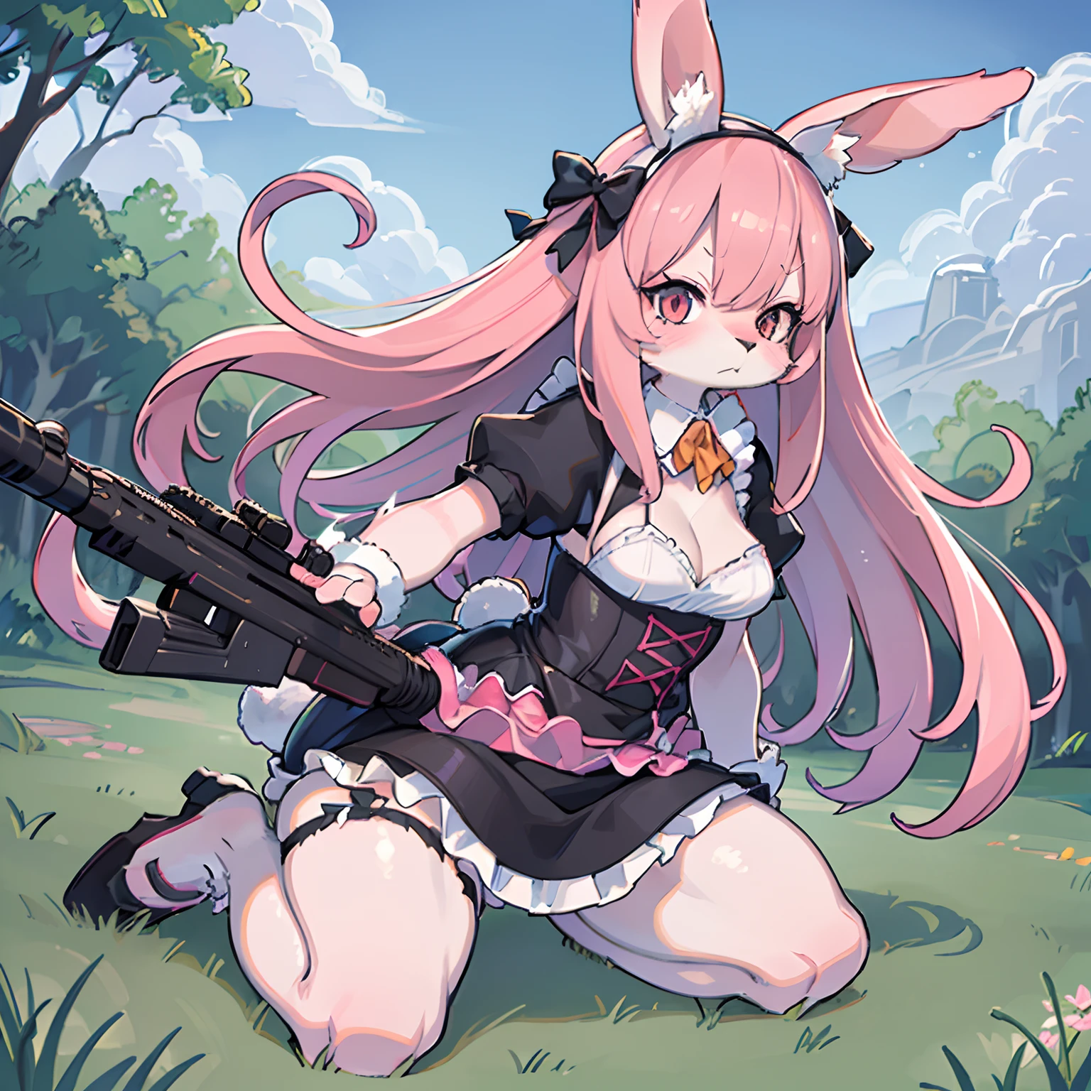 Furry, furry woman, solo, full body, rabbit Varieties Holland Lop, Circular rabbit tail, pink rabbit tail, pink rabbit ears, Rabbit with droopy ears, long hair, pink long hair, Dressed in a maid outfit, black maid outfit, detailed, bow on neck white bow,  assault rifle, gun aiming, war field, battle, Serious duty, angry face,