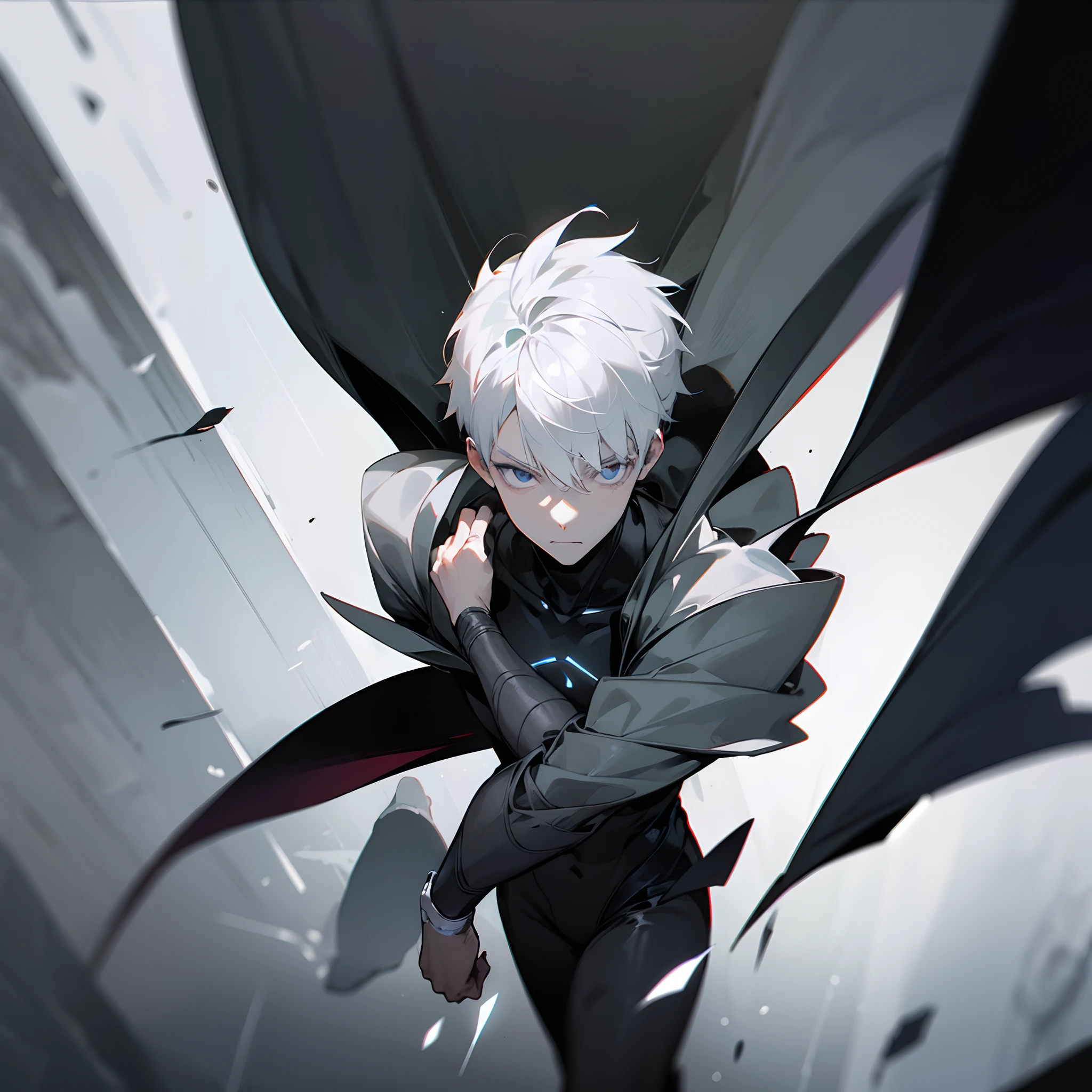 White hair, short hair, black eyes, dark eyes, ager, glowing eyes, handsome male, male protagonist, all black heroic suit, cape, dark hallway background, dark grey energies