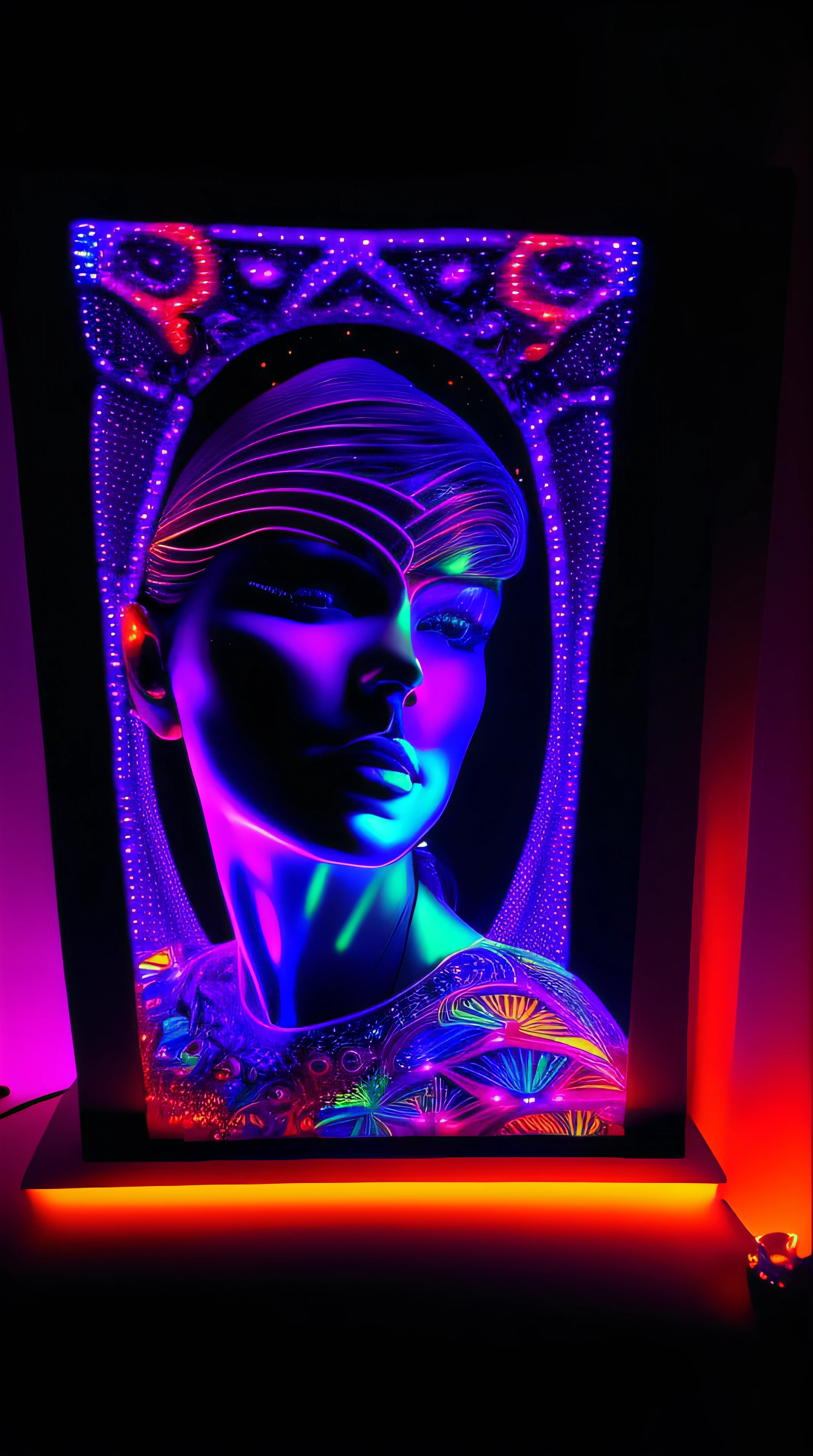a picture of a (3DMM picture of a woman, (3 d depth of field: 1.4)) in a 3 d picture frame, 3DMM frame of lights, illusion of disappearing to infinity, RGB led point lights disappear inward from edge, infinity mirror, 3 d neon art of a womens body, psychedelic photoluminescent, vivid!!, psychedelic lighting, psychedelic black light, by Jon Coffelt, lsd visuals, neon version of style jim burns, ledspace, skin made of led point lights, RGB led effects
