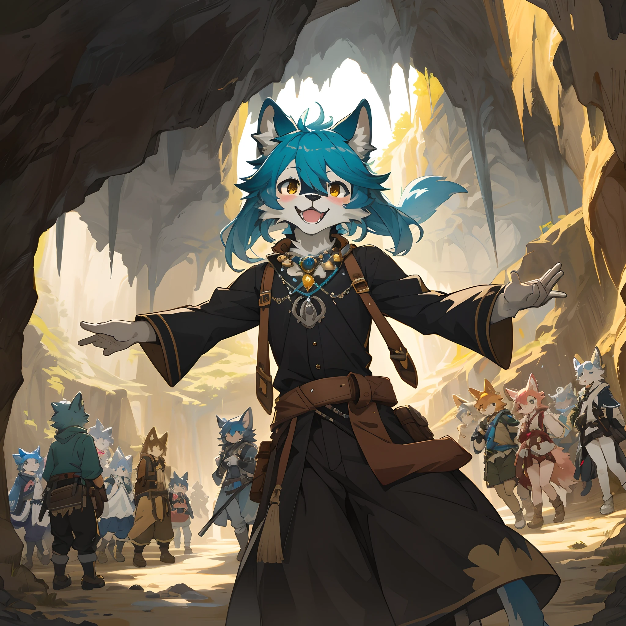 cover_page, highres, top quality, best quality, paid reward available, High-quality illustrations, unparalleled masterpiece, perfect artwork, absurdres, super high resolution, detailed background, A cave where jewels are clustered, 6+boys, 6+girls, Happy, joyful(Photos of solo travelers)(kemono, furry anthro),