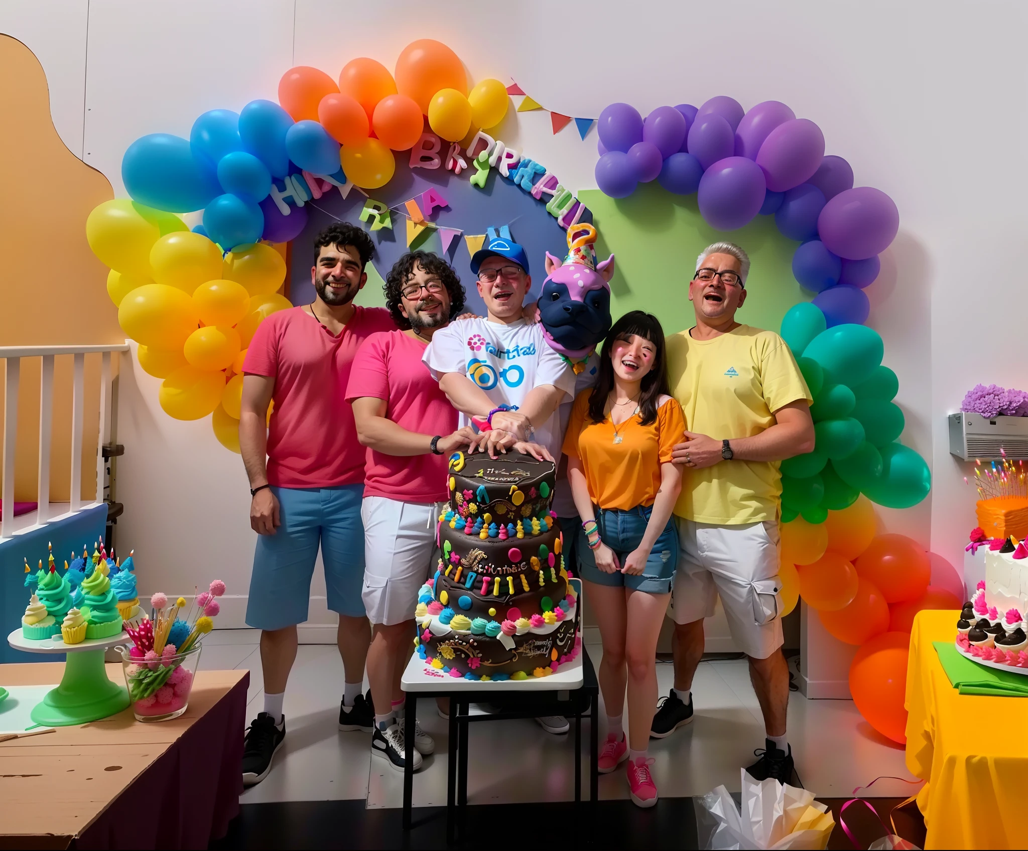 There is a group of people standing in front of a birthday cake, at a birthday party, birthday party, hight decorado, Festa Escherichia Coli, celebrating a birthday, master part!!!, with coloured gelatin organs, Directed by: Nandor Soldier, arte do bolo, master part!!!!, Happy family, divertindo-se, master part!!, competition winning
