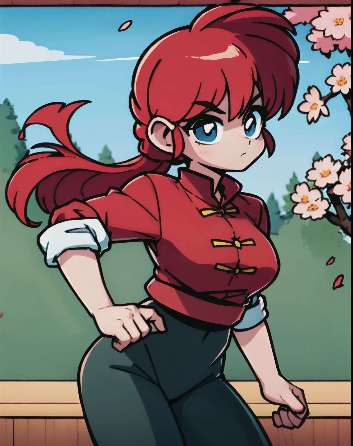 best quality, masterpiece,1girl, mizu,(medium breasts),  cowboy_shot,chinese clothes, black pants, (red hair), official style, with cherry blossoms and a japanese garden in the background, hands free