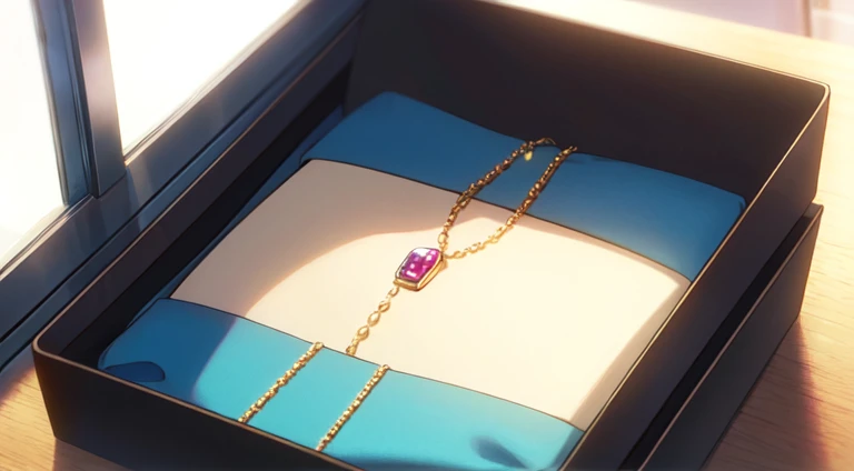 masterpiece, 1gift blue box opened, with beautiful necklace on it, close up, desk, window