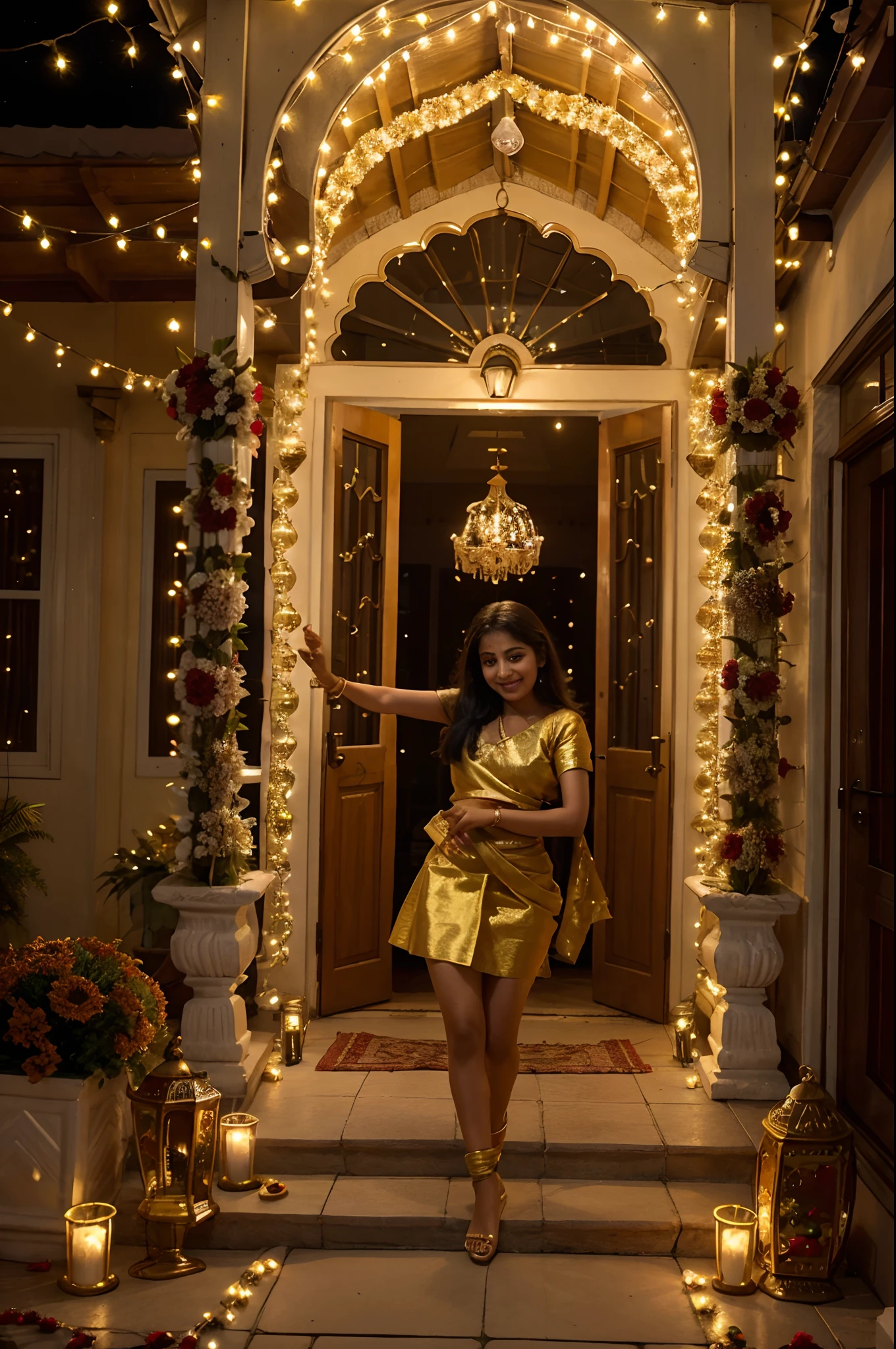 masterpiece, best quality, ultra-detailed, illustration,1girl, Generate an image depicting a joyful scene of an Indian girl gracefully decorating her porch for Diwali. Capture the essence of the festival with vibrant colors, traditional decorations like Rangoli and Diyas, and a sense of anticipation and happiness. Ensure that the girl's attire reflects the cultural richness of the occasion, and let the image radiate warmth and festive cheer. Consider including elements like twinkling lights, flower garlands, and traditional motifs to enhance the Diwali ambiance. Showcase the spirit of family and tradition as the girl prepares to celebrate this joyous festival.
