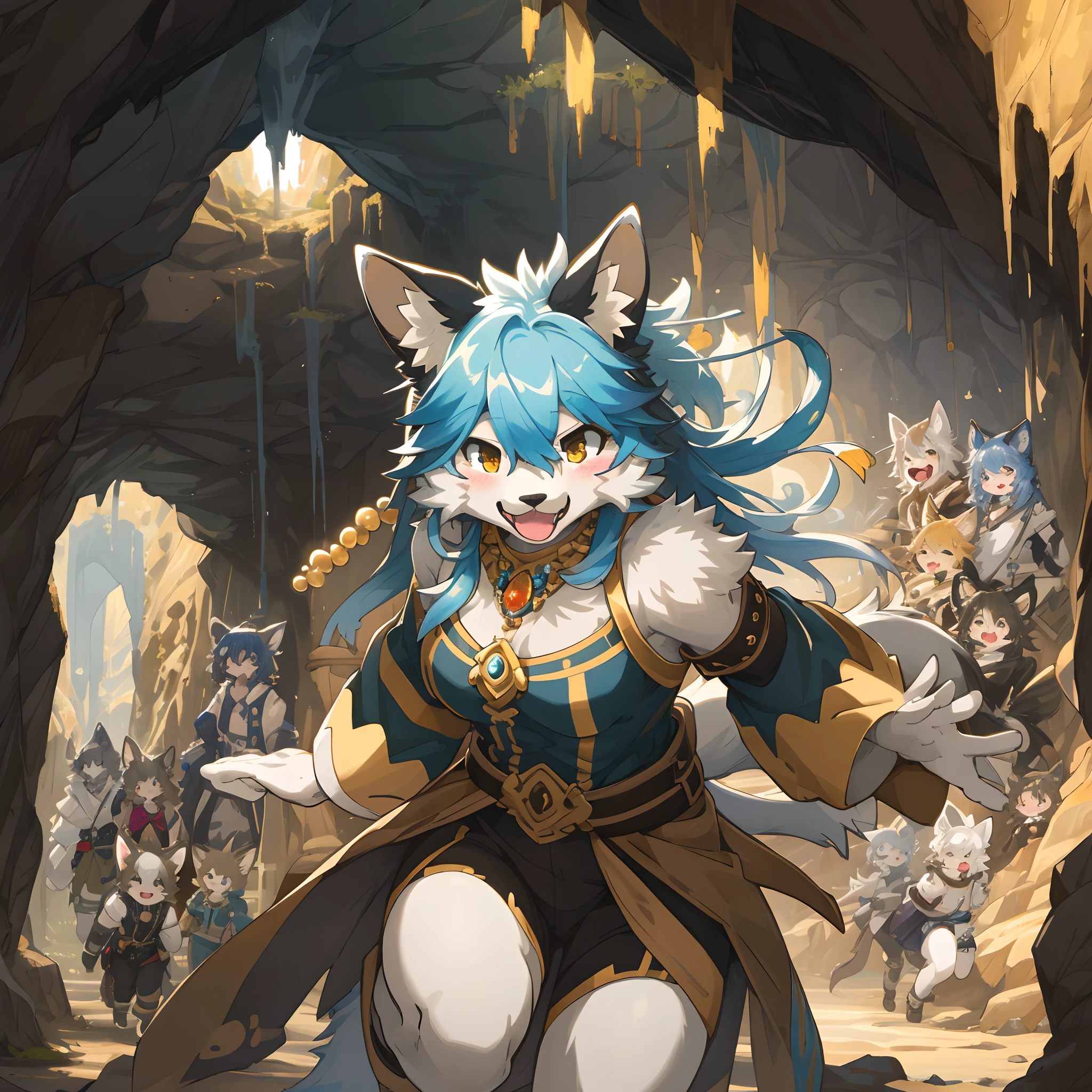 cover_page, highres, top quality, best quality, paid reward available, High-quality illustrations, unparalleled masterpiece, perfect artwork, absurdres, super high resolution, detailed background, A cave where jewels are clustered, 6+boys, 6+girls, Happy, joyful(Photos of solo travelers)(kemono, furry anthro),