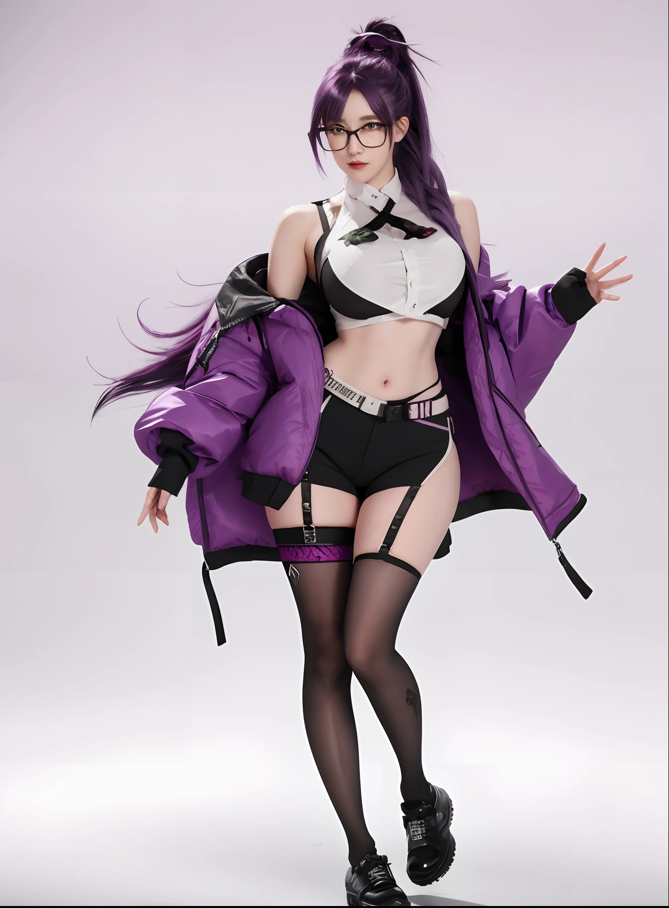 a close up of a person with a purple hair and glasses, from girls frontline, kda, ayaka genshin impact, full body xianxia, girls frontline style, official character art, fine details. girls frontline, girls frontline universe, wearing lab coat and glasses, anime moe artstyle, cushart krenz key art feminine