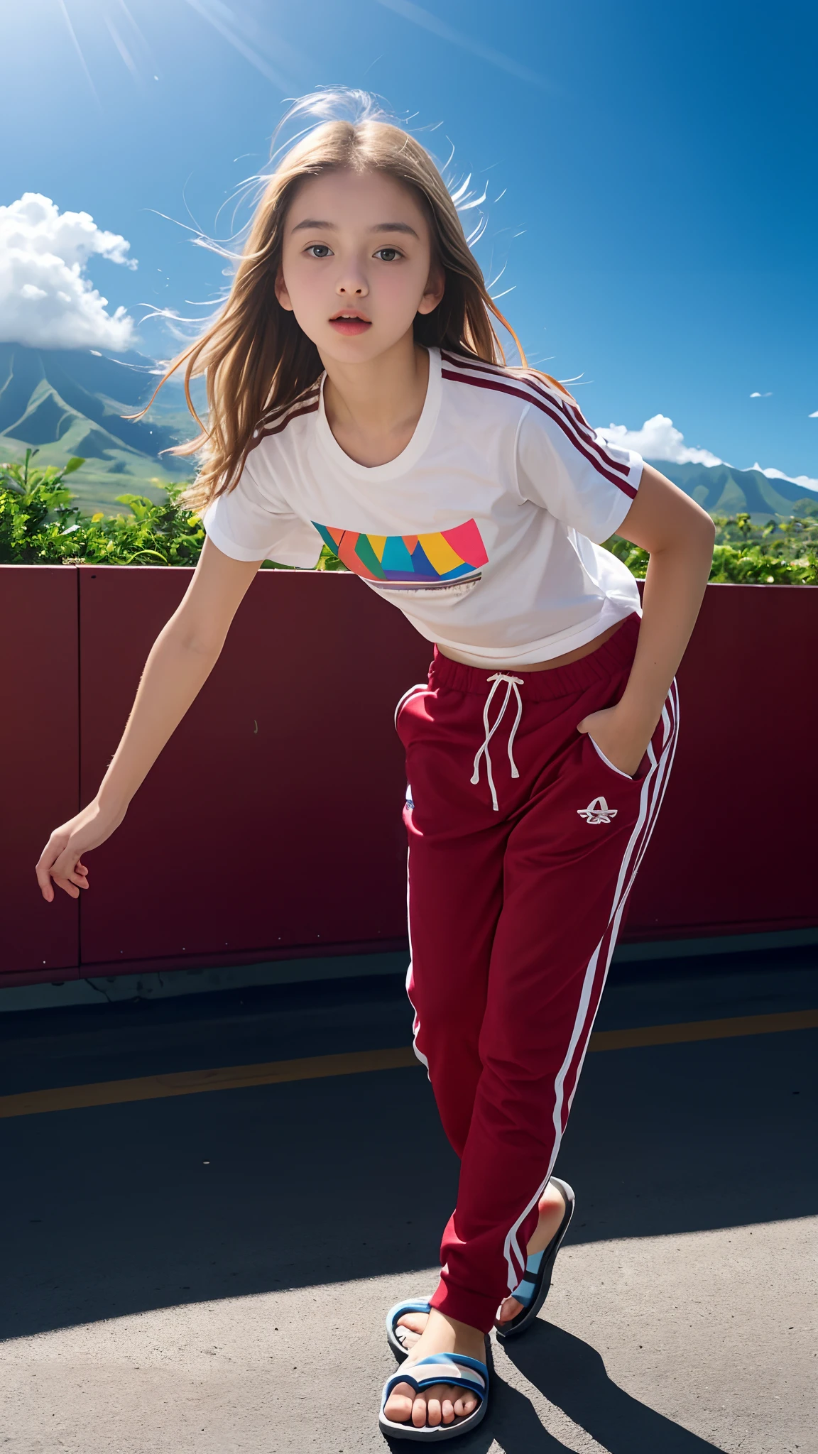 -teen, European,nde, Small breasts, Big eyes, Long legs, close-up of breasts, t-shirt, track pants, Hawaiian flip flops, Extreme low angle shot, ray tracing, HDR