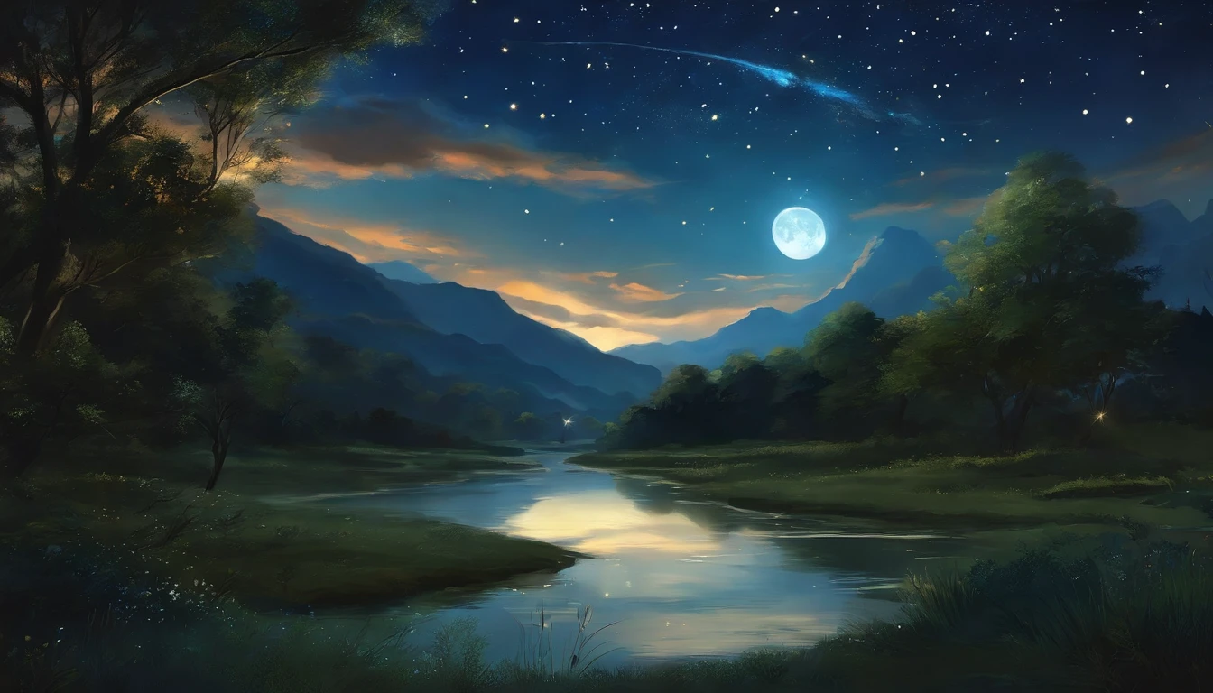 A painting of a river with stars and moon in the sky, concept art inspired by Tosa Mitsuoki, pixiv contest winner, best quality, fantasy art, beautiful anime scene, a bright moon, moonlit starry environment, dream painting, Anime Background Art, Fantasy Landscape Art, Fantasy Night, Anime Background, Background Artwork, Fantastic Art, Atmospheric Anime, Starry Sky, Detail Enhanced.