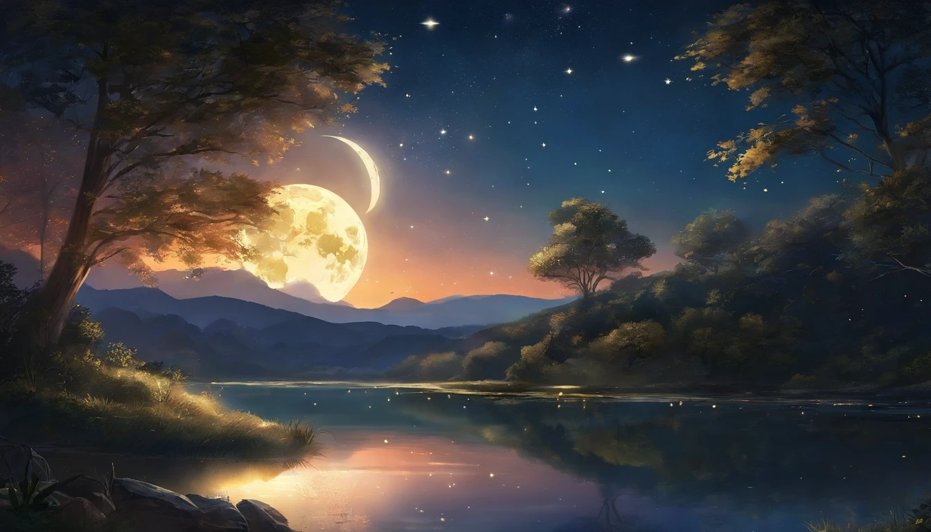 A painting of a river with stars and moon in the sky, concept art inspired by Tosa Mitsuoki, pixiv contest winner, best quality, fantasy art, beautiful anime scene, a bright moon, moonlit starry environment, dream painting, Anime Background Art, Fantasy Landscape Art, Fantasy Night, Anime Background, Background Artwork, Fantastic Art, Atmospheric Anime, Starry Sky, Detail Enhanced.