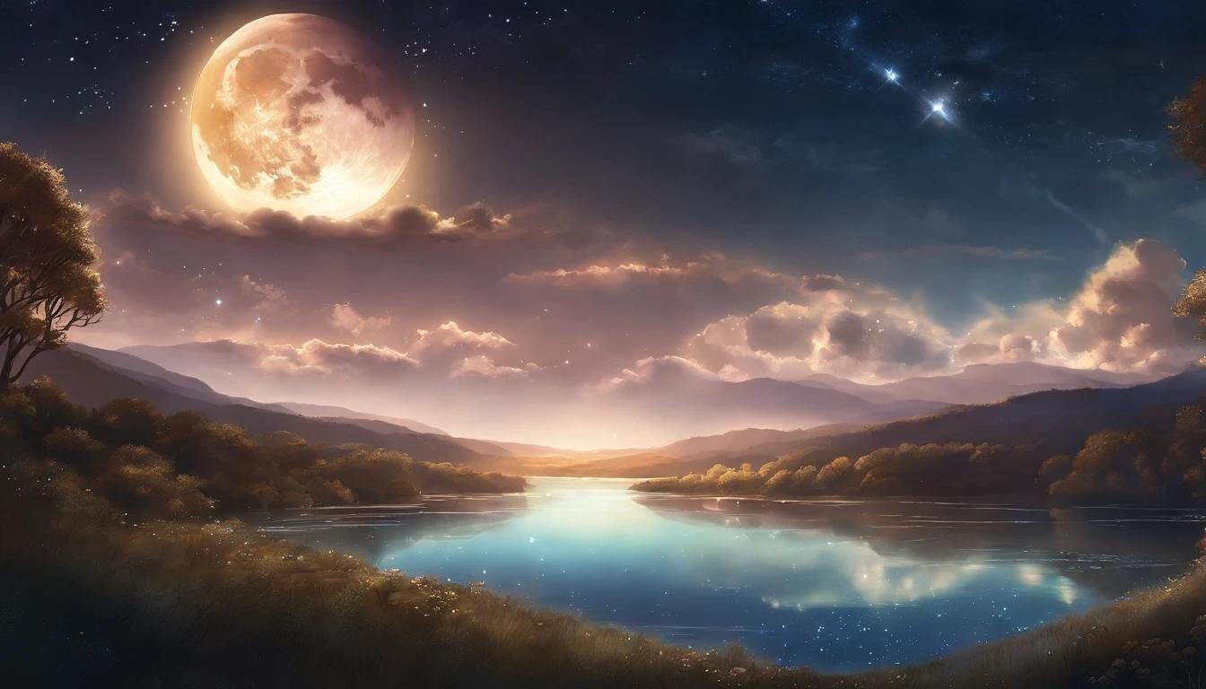 A painting of a river with stars and moon in the sky, concept art inspired by Tosa Mitsuoki, pixiv contest winner, best quality, fantasy art, beautiful anime scene, a bright moon, moonlit starry environment, dream painting, Anime Background Art, Fantasy Landscape Art, Fantasy Night, Anime Background, Background Artwork, Fantastic Art, Atmospheric Anime, Starry Sky, Detail Enhanced.