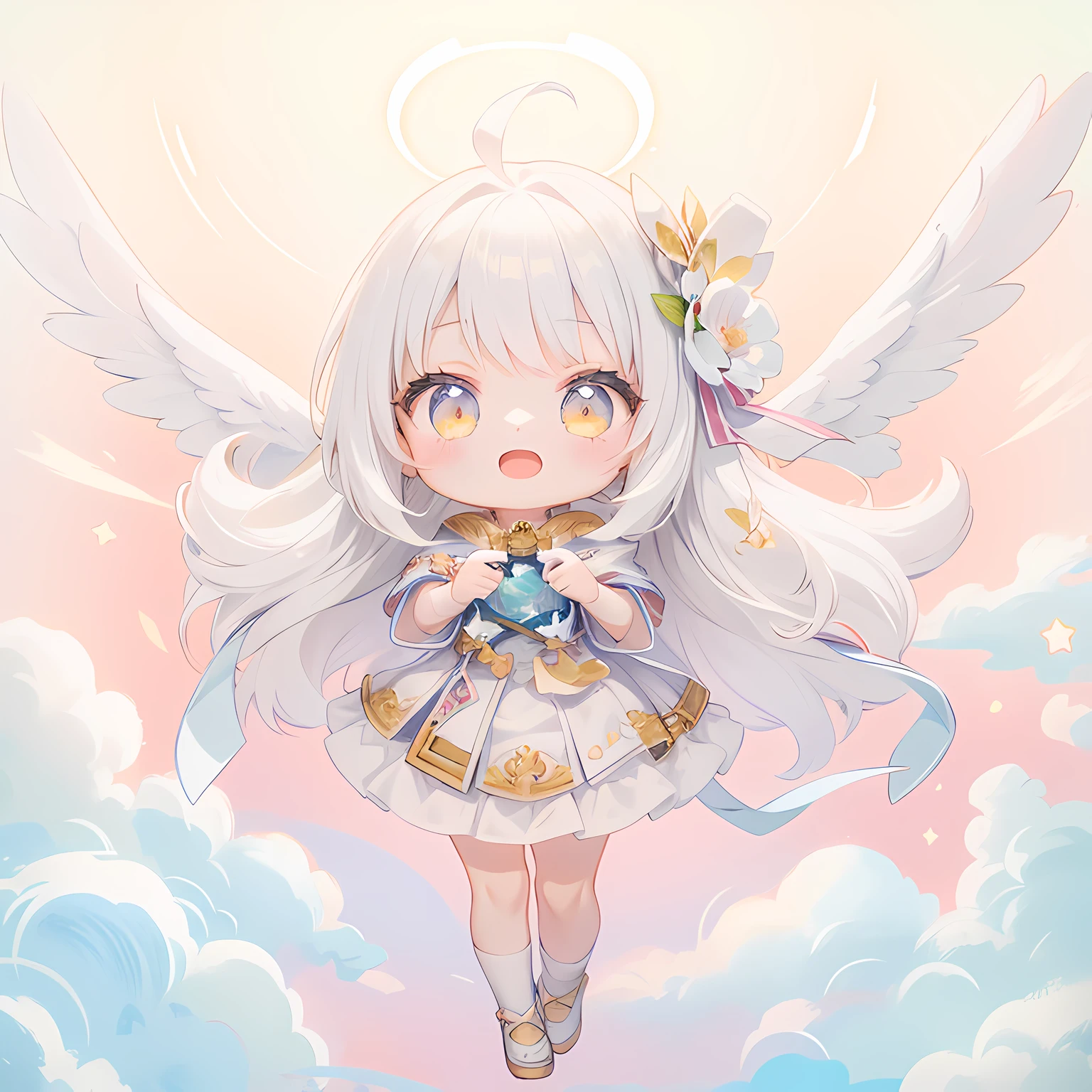 Anime - style image of a girl with angel wings and a halo, angelic halo, splash art anime loli, angelic purity, angelicales, Angelic, Angel Girl, white haired god, official artwork, of an beautiful angel girl, Lori, Super Wide Angel, Sacred halo, high detailed official artwork