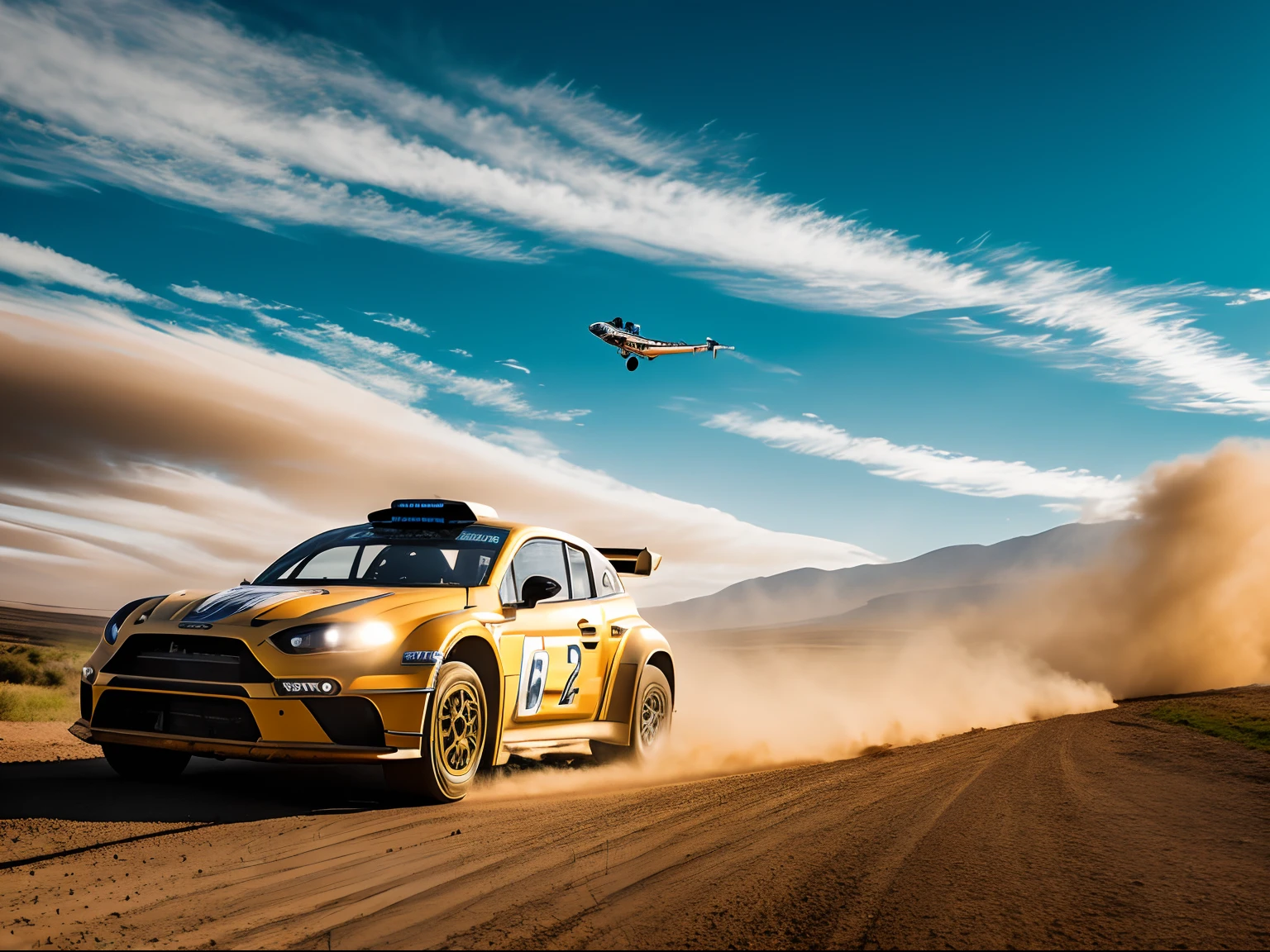 Cinematic Still A Rally car leaping over a hill, capturing its aerodynamic design and high-speed dynamics. Mid-Air, Wide Angle, Dust Clouds in the Background, Golden Hour, Hasselblad X1D II 50C, Warm Color Palette, Tense Competition, directed by Ridley Scott.