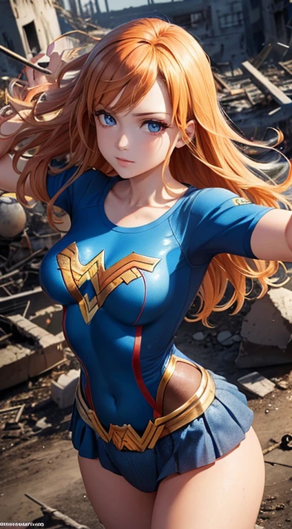 Nami one piece como Wonder Woman, DC Quadrinhos, Extremamente realista,8K mais detalhado.Motor irreal:1.4,UHD,melhor qualidade:1.4, fotorrealista:1.4, textura da pele:1.4, obra prima:1.8,obra-prima, melhor qualidade,Objeto de objeto], (detailed face features:1.3),(manos Detalhado:1.4),(Apocalyptic Destroyed City Al:1.4)