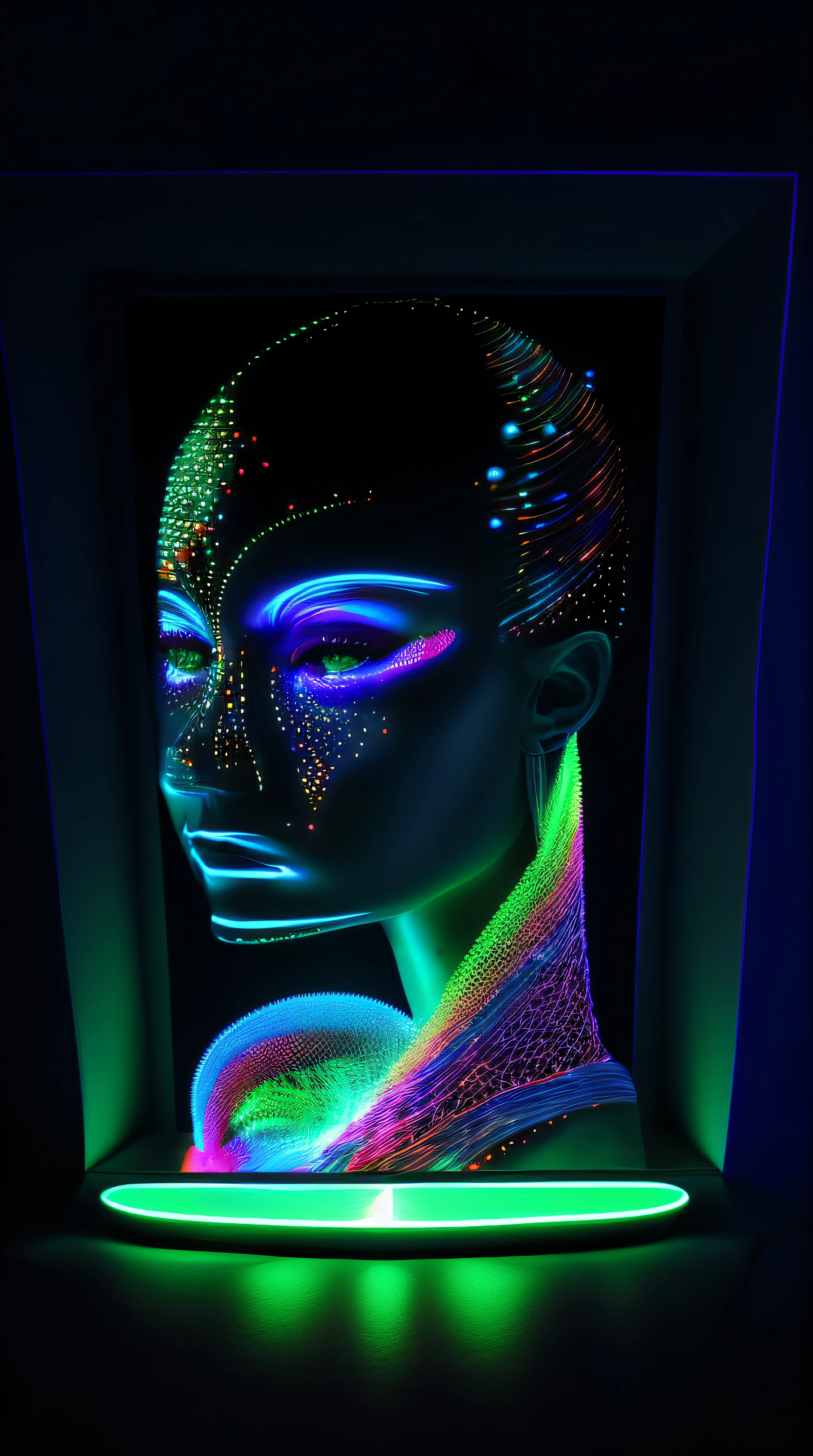 a picture of a (3DMM picture of a woman, (3 d depth of field: 1.4)) in a 3 d picture frame, 3DMM frame of lights, illusion of disappearing to infinity, RGB led point lights disappear inward from edge, infinity mirror, 3 d neon art of a womens body, psychedelic photoluminescent, vivid!!, psychedelic lighting, psychedelic black light, by Jon Coffelt, lsd visuals, neon version of style jim burns, ledspace, skin made of led point lights, RGB led effects