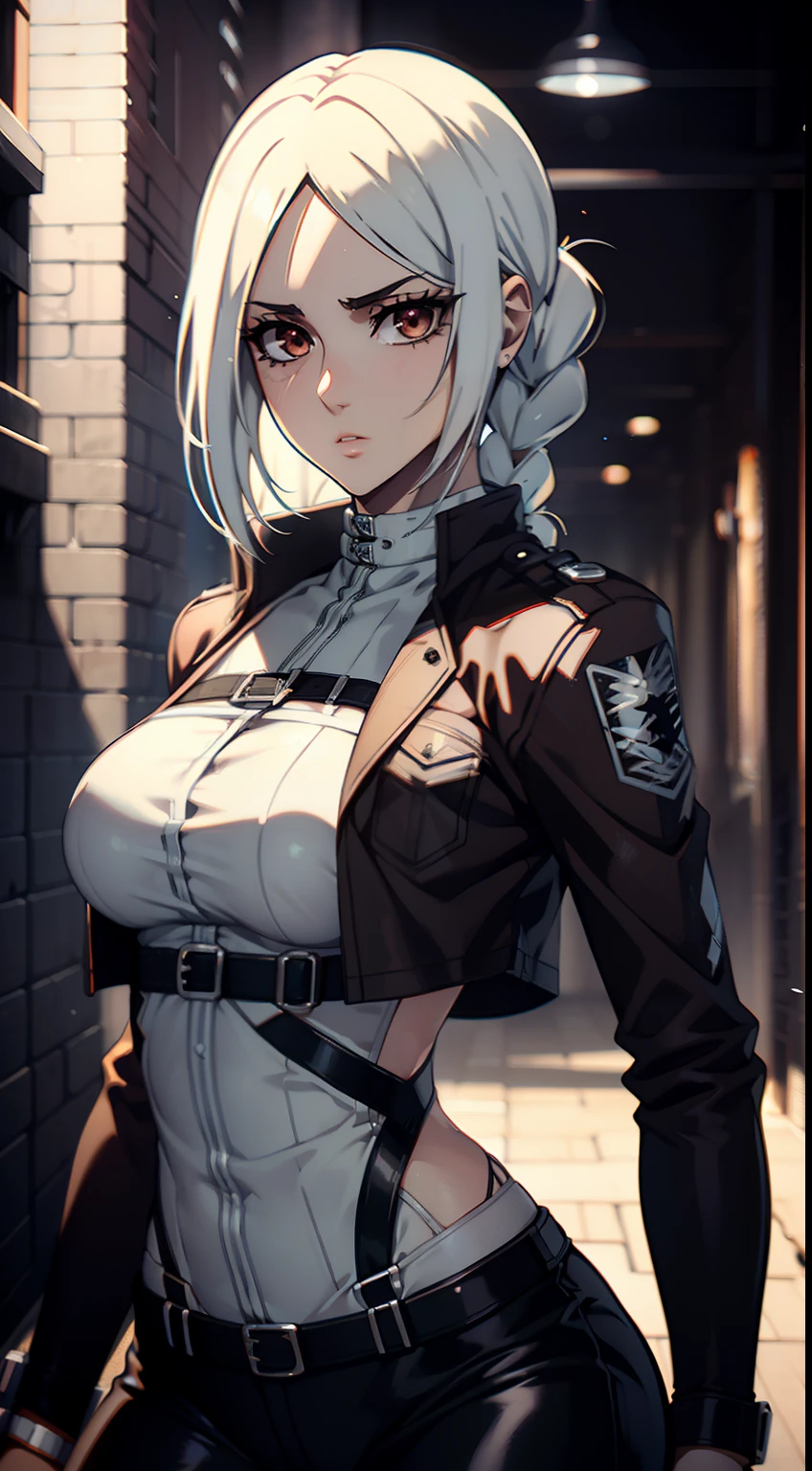 photo portrait, Beautiful figure, Lucy from the anime series Cyberpunk Edge Runner, a 1girl, facing the viewer, Beautiful figure (Proper Anatopy 1.1.), in full height (Body Full 1.1), Slim, Slender figure, Slender figure, shapely legs, leather pants, Anime style, white colored hair, white colored hair, that disappear at the ends, Bob hairstyle, short white jacket, tight black suit, Cutouts on the shoulders, Cutouts on the chest, Skinny black leather pants, Very detailed face, Very beautiful face, Very sexy ass, in full height (Body Full 1.1), Tall android girl, small elastic breasts, Little ass, Glitter Head Mask, Hair is gathered in a braid, Beautiful slim figure, small buttocks, A braid around the head, Round braid, Red Star in the Forehead, Short Brown Jacket, black tight suit, darkly，gris & Dark Style：1.1), Light, femininity，tmasterpiece，beste-Qualit，higly detailed，Visible to the feet， 8K resolution， High Sharp， 8K resolution， higly detailed， 8K UHD， Professional lighting， Photon mapping，physical based rendering， a perfect face， detailed face and body， ray traced， expressive look， Cinmatic Lighting，elastic small breasts, Heightened sexuality，