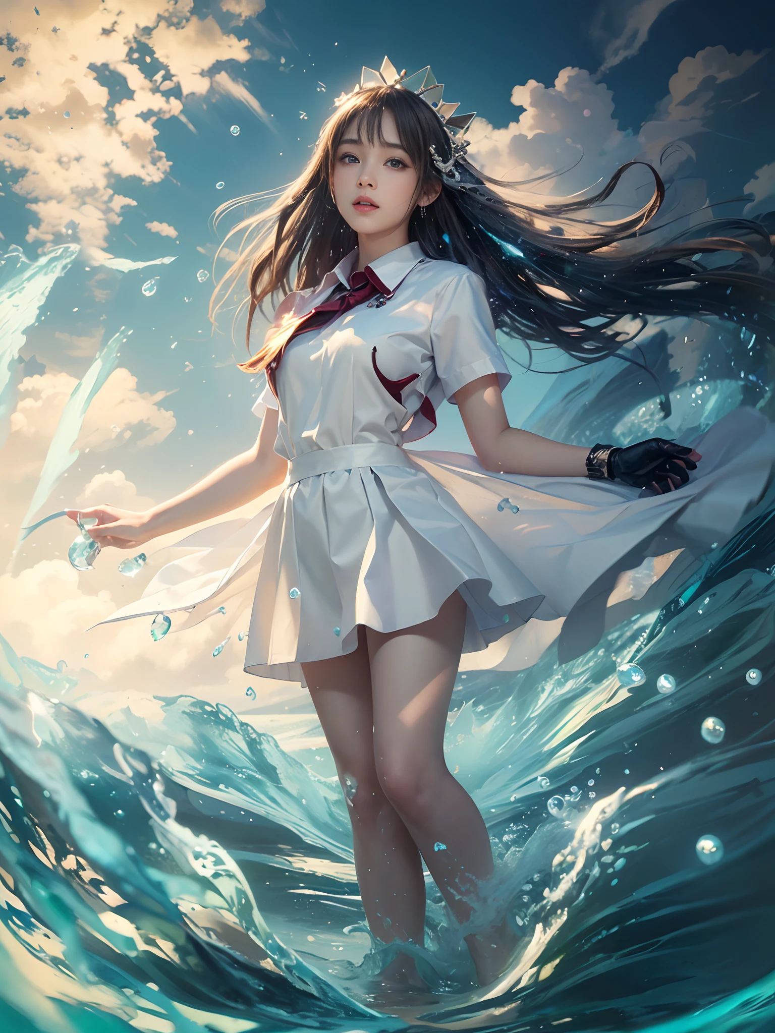 (Raw photo:1.2), (Photorealistic), Beautiful detailed girl, Very detailed eyes and face, Beautiful detailed eyes, Huge file size, High resolution, Very detailed, Best Quality, [masutepiece:1.6], Illustration, Very detailed, Fine detail, Best Quality, 8K Wallpaper, Movie Lighting,Beautiful 15-year-old schoolgirl in school uniform standing in the water, in school uniform, A shirt as clear as water, A skirt that shines like a drop of water, Beautiful fantasy maiden, goddess of light, beautiful goddess, fantasy gorgeous lighting, a beautiful fantasy empress, beautiful fantasy art, Dramatic lighting fantasy, Fantasy Woman, portrait of queen of light, ((a beautiful fantasy empress)), A beautiful maiden