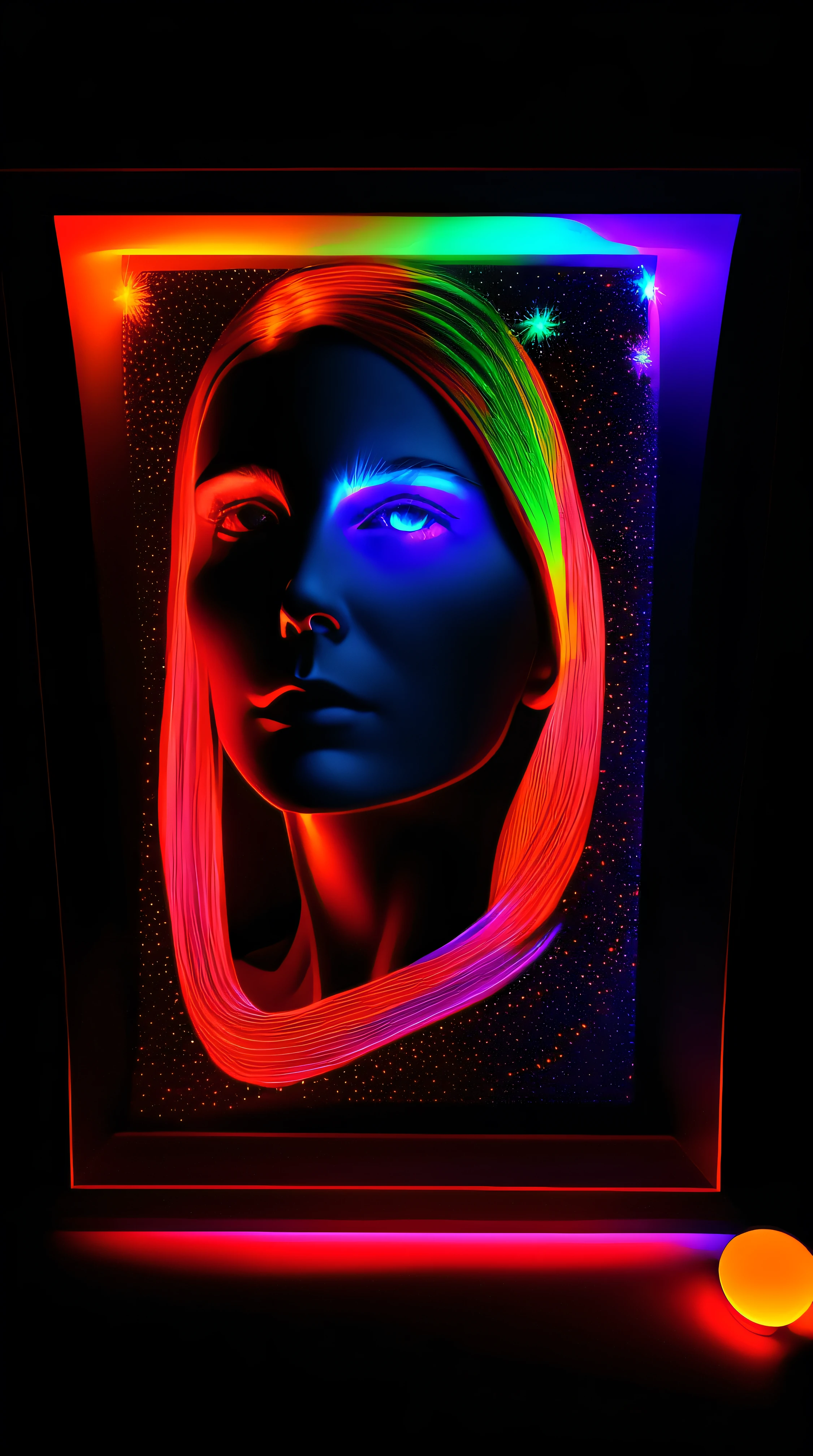 a picture of a (3DMM picture of a woman, (3 d depth of field: 1.4)) in a 3 d picture frame, 3DMM frame of lights, illusion of disappearing to infinity, RGB led point lights disappear inward from edge, infinity mirror, 3 d neon art of a womens body, psychedelic photoluminescent, vivid!!, psychedelic lighting, psychedelic black light, by Jon Coffelt, lsd visuals, neon version of style jim burns, ledspace, skin made of led point lights, RGB led effects