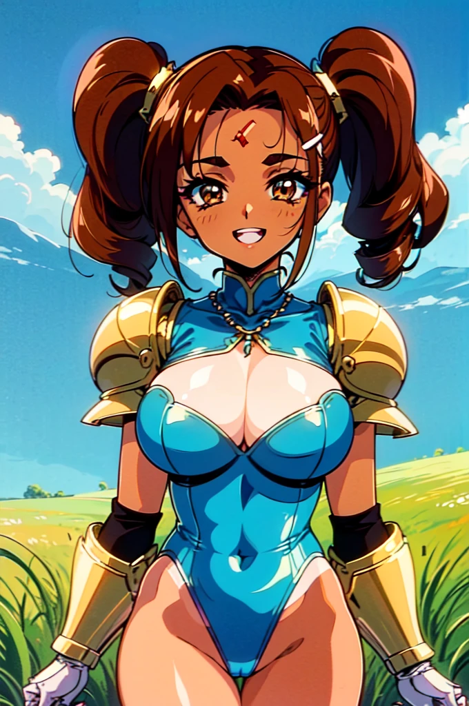 "(masterpiece:1.1), best quality, 
1girl, (80s anime style:1.3), (eyelashes:1.5), (li:1.2), 
(intricate high detailed body:1.2), 
brown hair, 
(forehead, parted bangs, hairclip:1.1), (twintails, drill hair:1.1), (hair ribbon:1.2), 
brown eyes, (thick eyebrows:1.1), 
(taned, dark skin:1.3), (slim body:1.1), (gigantic breasts:1.3),
(grin:1.2), open mouth, 
(silver embroidery leotard armor, cleavage cutout:1.2), 
(knight armor, armored boots:1.2), (belts:1.1), (jewelry:1.1), crystal necklace, 
standing, claw pose, 
(upper body, cowboy shot, looking at viewer, from front:1.1),
(grassland, outdoors:1.1)"