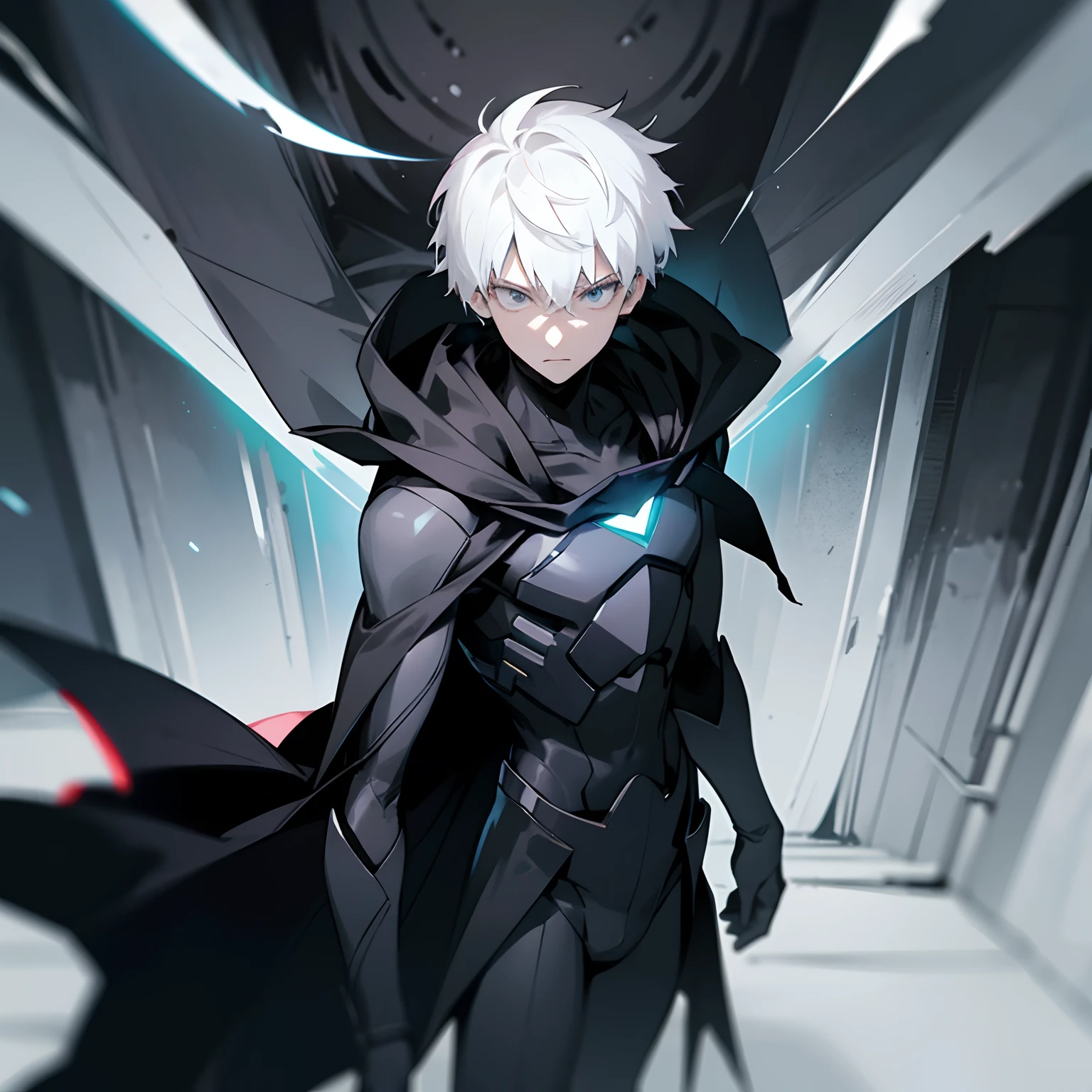 White hair, short hair, black eyes, dark eyes, teenager, glowing eyes, handsome male, male protagonist, all black heroic suit, cape, dark hallway background, dark grey energies