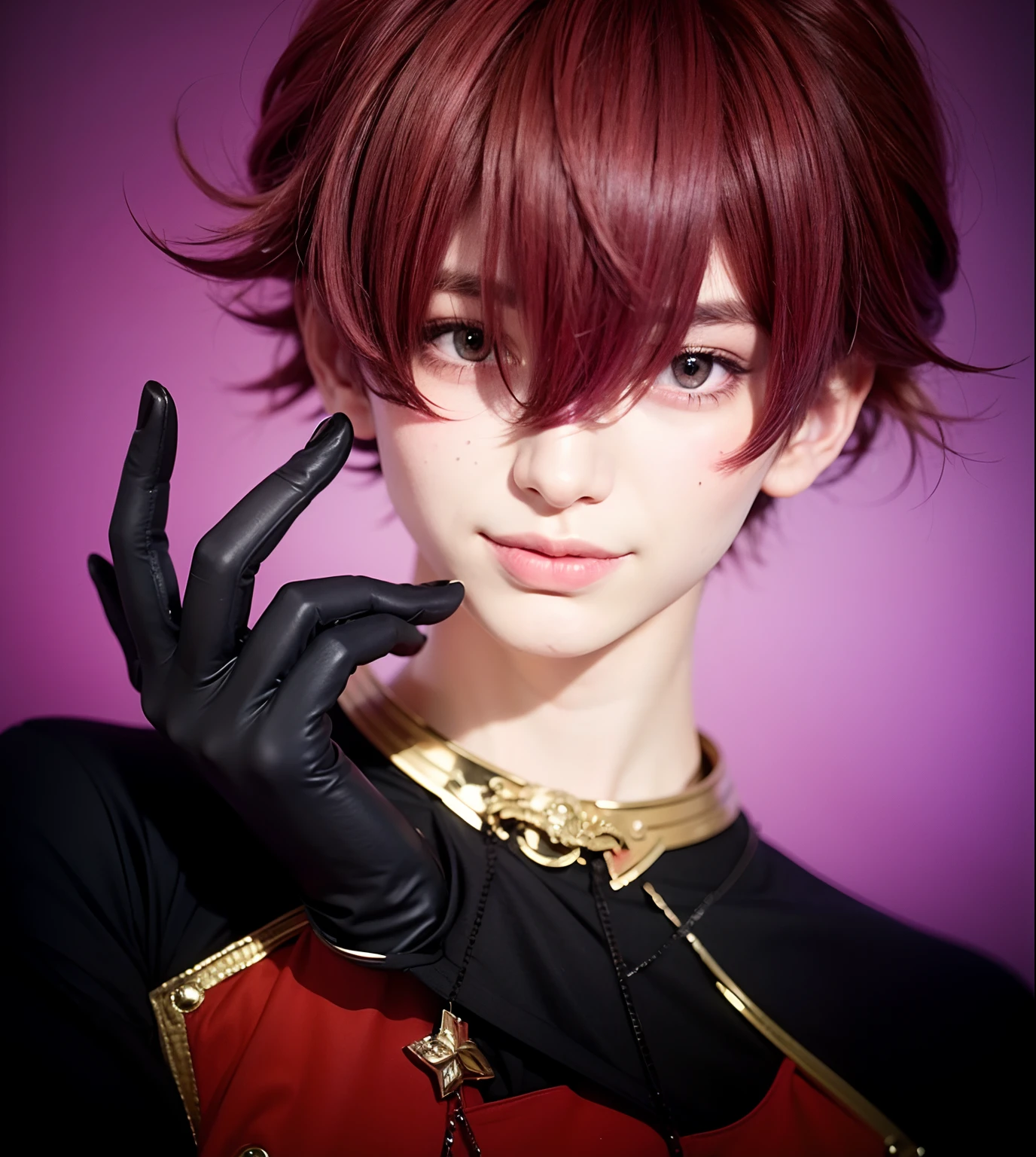 A man with realistic red and pink gradient hair, exactly the same hairstyle,Realistic smiling expression, realistic black gloves, adapt exact same clothes,Realistic light, realistic shadows, realistic background