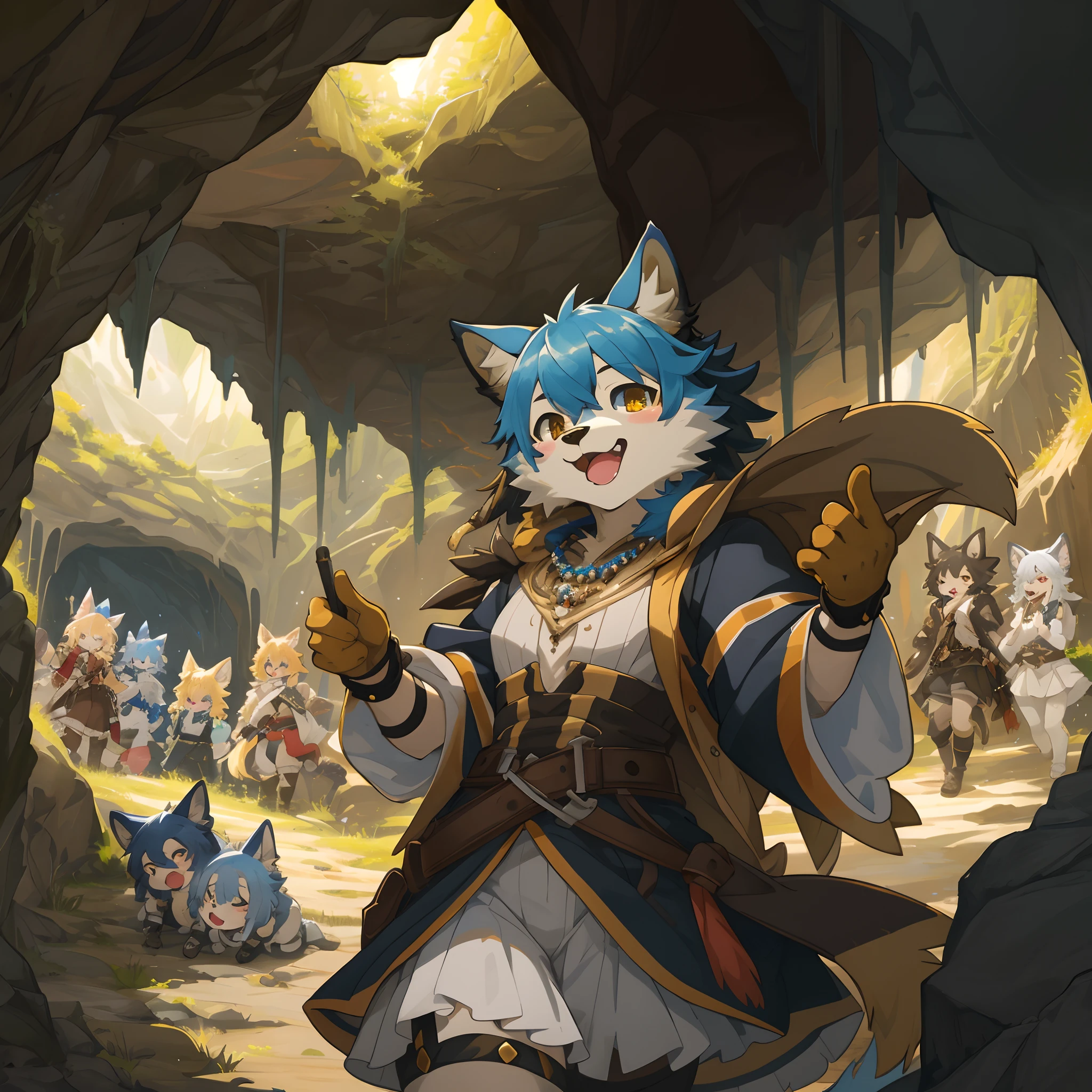 cover_page, highres, top quality, best quality, paid reward available, High-quality illustrations, unparalleled masterpiece, perfect artwork, absurdres, super high resolution, detailed background, A cave where jewels are clustered, 6+boys, 6+girls, Happy, joyful(Photos of solo travelers)(kemono, furry anthro),