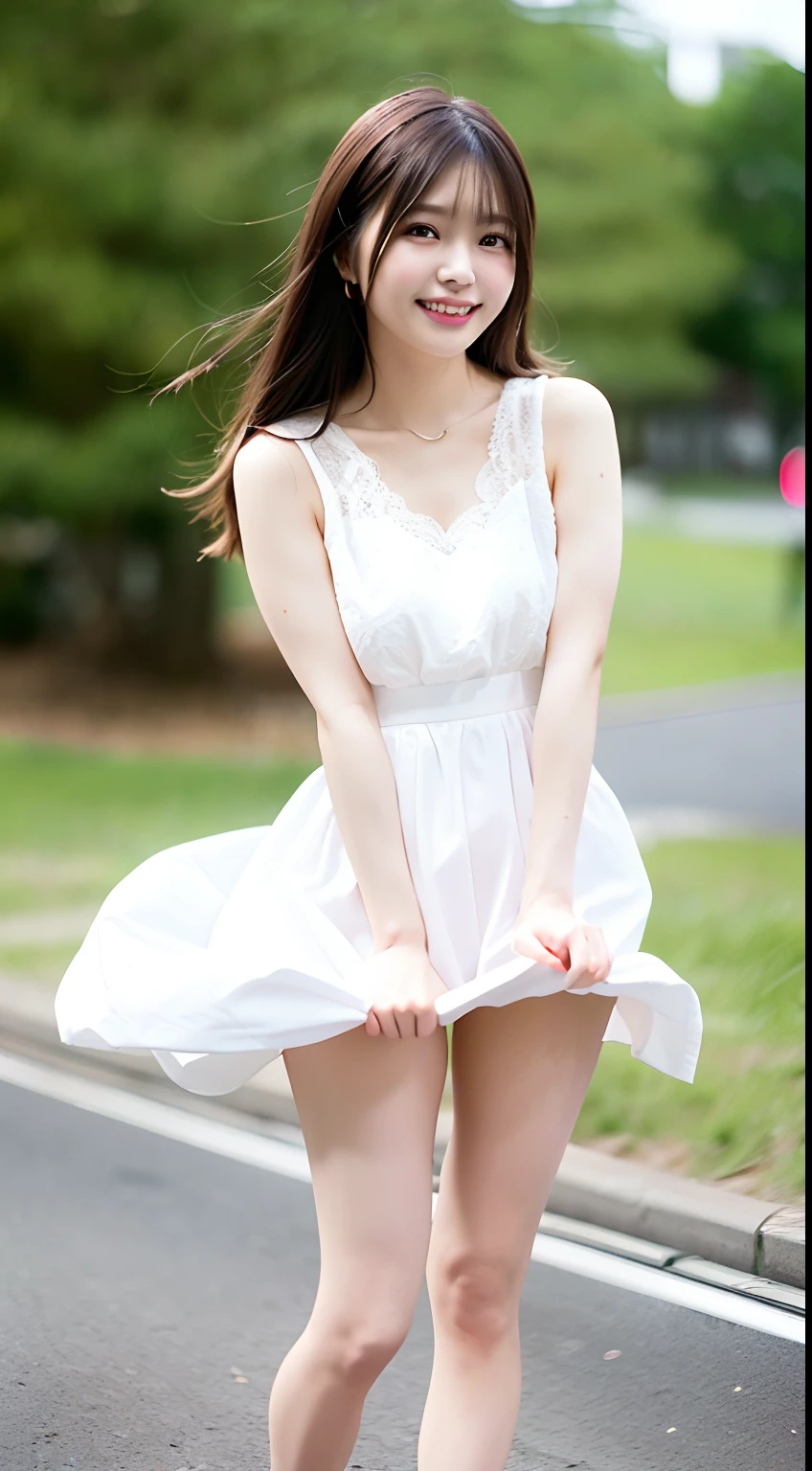 (Best quality, 8k, 32k, Masterpiece, UHD:1.2),Photo of Pretty Japanese woman,(smile,blush:1.1),looking at viewer,(beautiful detailed white dress skirt:1.2),detailed legs,(spread legs:0.9),(lace panties:0.9),(wind lift:1.6), full body,windy,city,outdoors