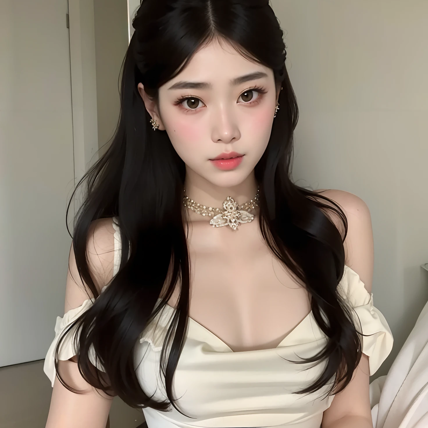 um close up de uma mulher usando um vestido branco e um estrangulamento, linda mulher coreana jovem, menina coreana, Mulher sul-coreana bonita, mulher coreana jovem bonita, gorgeous chinese model, Ulzzang, Mulher coreana, Beautiful Asian girl, Deusa japonesa, branco hime corte penteado, good young girl, cruel korean goth girl, Jaeyeon Nam, Jinyoung Canela, young adorable korean face