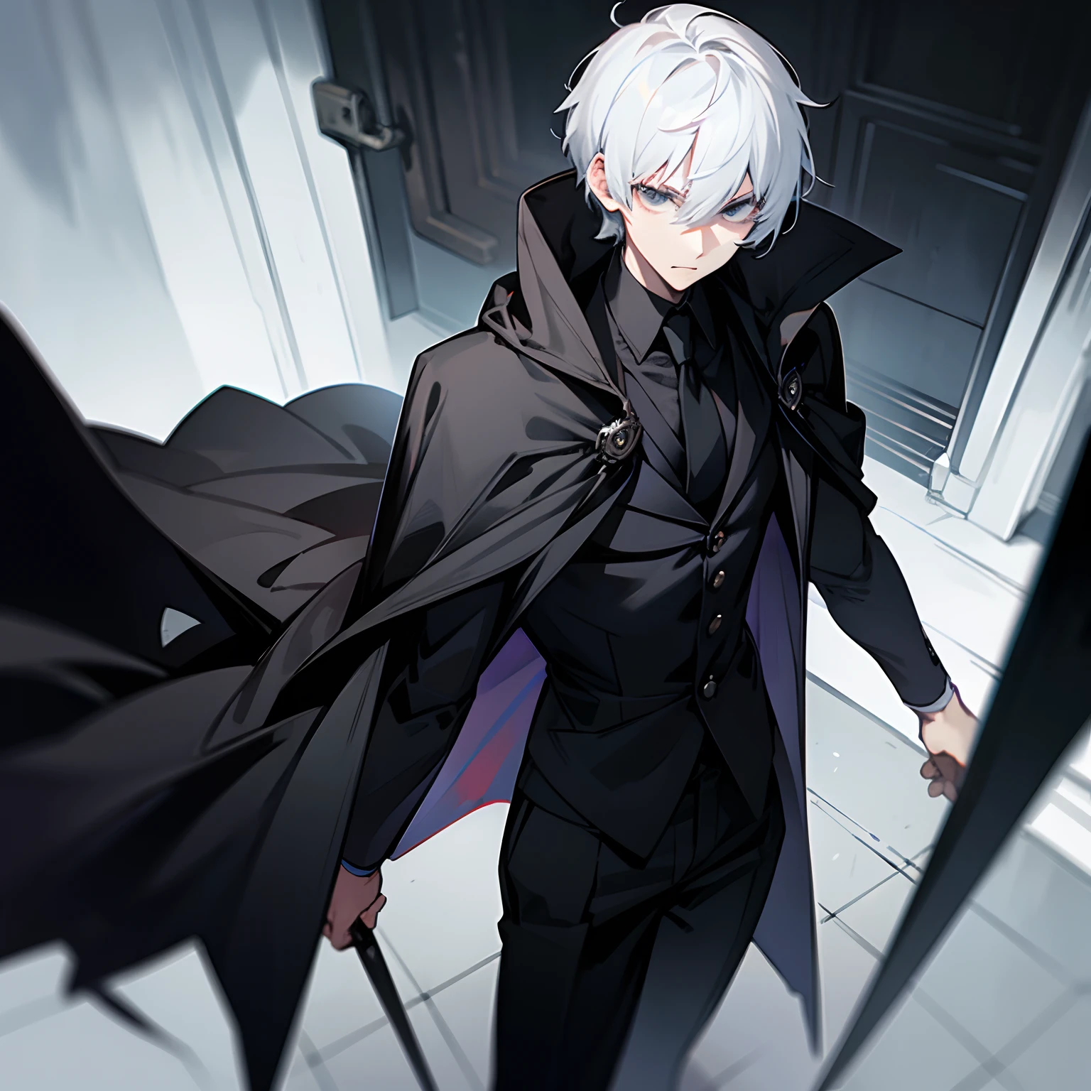 White hair, short hair, black eyes, dark eyes, teenager, glowing eyes, handsome male, male protagonist, all black suit, cape, dark hallway background, dark grey energies