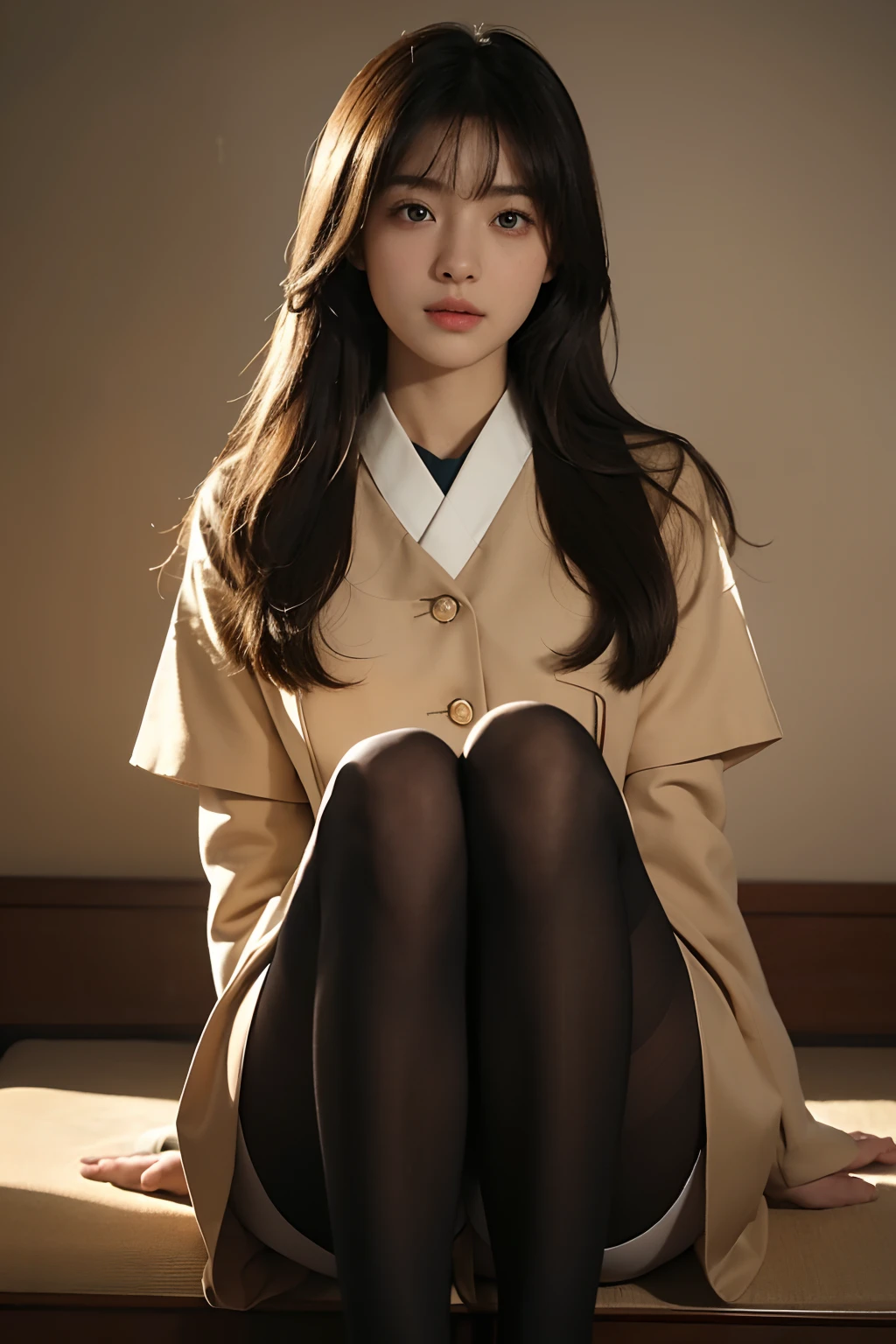 ulzang-6500-v1.1, (RAW photo:1.2), (Photorealistic:1.4), Beautiful detailed girl, Very detailed eyes and face, Beautiful detailed eyes, ridiculous, Incredibly Ridiculous res, hugefilesize, Super detailed, high resolution, Very detailed, Best quality, Masterpiece, kemomimi, ((Japanes girl' high school uniform)), illustration, Very detailed, CG, unified, 8K wallpaper, Amazing, Fine details, Masterpiece, Best quality, Very detailed CG uniform 8k wallpaper, light in face, Cinematic lighting, 1girll, , (()), ((Dynamic pose))), (camel-toe), (Half), (Pantyhose), (knee-bending leg sit))