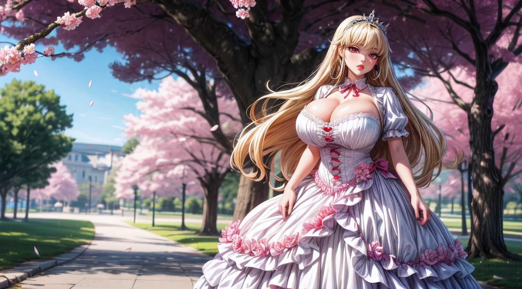 (Voluptuous:1.4),(gigantic breasts:1.8),((Very Beautiful Blonde Milf)),(((Solo))),(((1 Adult mature princess in fancy ta dress with voluminous full length hoop skirt))),((standing in street, cherry blossom trees)),(bling-bling gorgeous gemstone jewelry),detailed mature face and eyes,((,extremely voluminous Very Long blonde Hair)),(gorgeous embroidery and lace),cleavage,gorgeous corsage,See-through,((extremely gorgeous loliair ornament)),bling-bling extremely gorgeous jeweled tiara,ornate ruffles,beautiful embroidery,(hoop skirt,crinoline),cherry blossoms, (cherry blossom petals flowing),((Dynamic Angle)),Looking at viewer,((full body)),sweet lolita d with voluminous full length hoop skirt, ((anime artstyle)),(Masterpiece),(Best Quality), (Super Detail), arms behind back,
