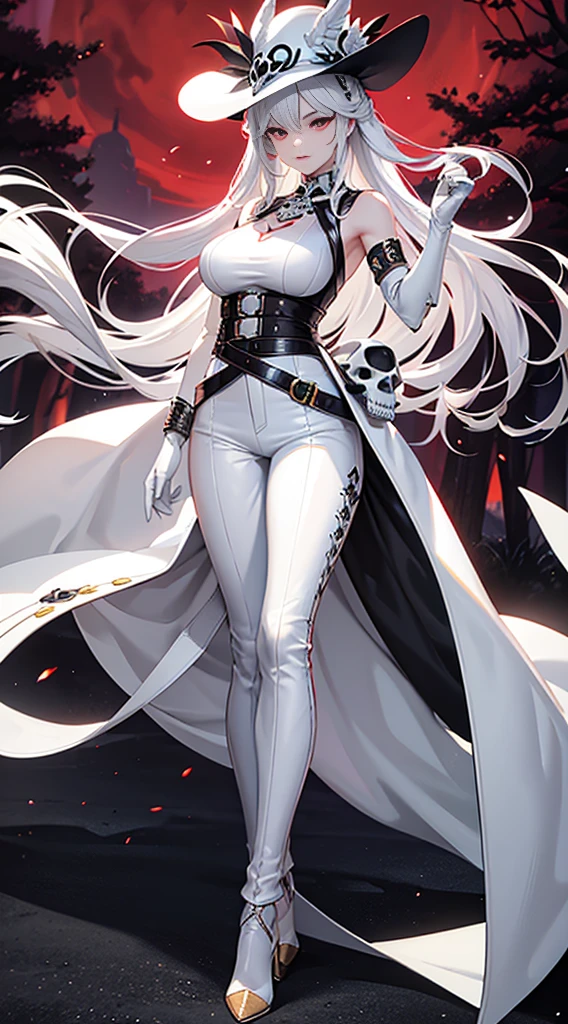 full body Esbian, of the highest quality, Intricate details , (Fine skin, Shiny skin, Shiny hair, pale complexion，Big breasts), 　Red sky,　Red Moon， in woods, ((Skull Mark)), ambitious, Seductive Woman, Gray hair, Long hair, Hair fluttering in the wind, Skull mask on half of the face, Detailed tattoos, white leather clothes, White sleeveless clothes, White leather coat, Leather gloves, Solid Gold Bracelet, leather pant, White pants, , Hat with skull marker, (Leather Belt), Look far away