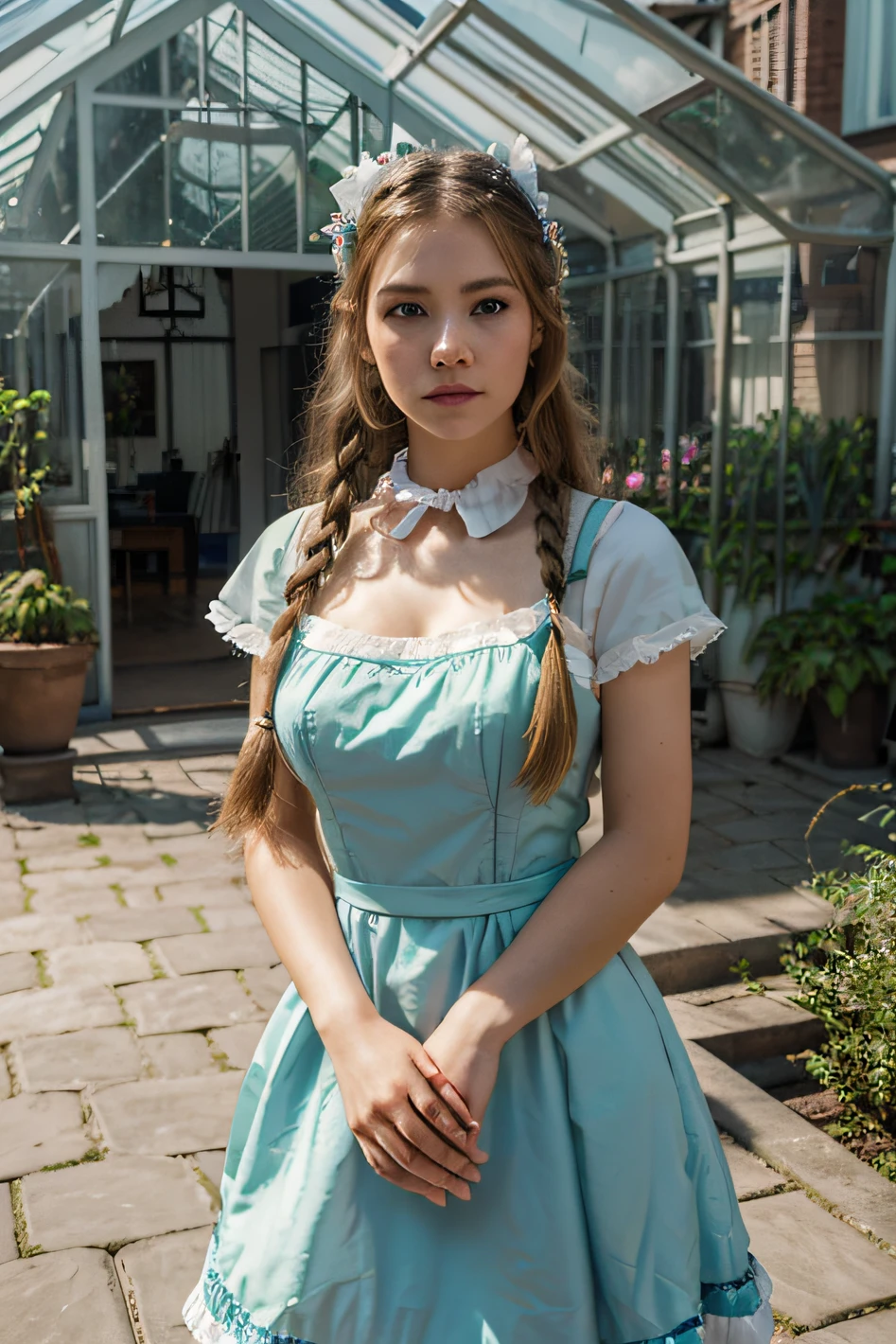 ((flower style)), (advntr), (1girl), (((solo))), (realistic:1.5), light particles, light rays, victorian, (best illustration), photorealistic, octane render, 8k, neon light, flying cars, detailed face, detailed eyes, ((maid)), maid headband, long braid, very long hair, blonde hair, blue eyes, (sharp eyeliner, eyeshadow, detailed eyes:1.1), (Ulzzang-6500), model pose, (standing), (outdoors), noon time, public area, indoors, (green house in the background), BREAK G36