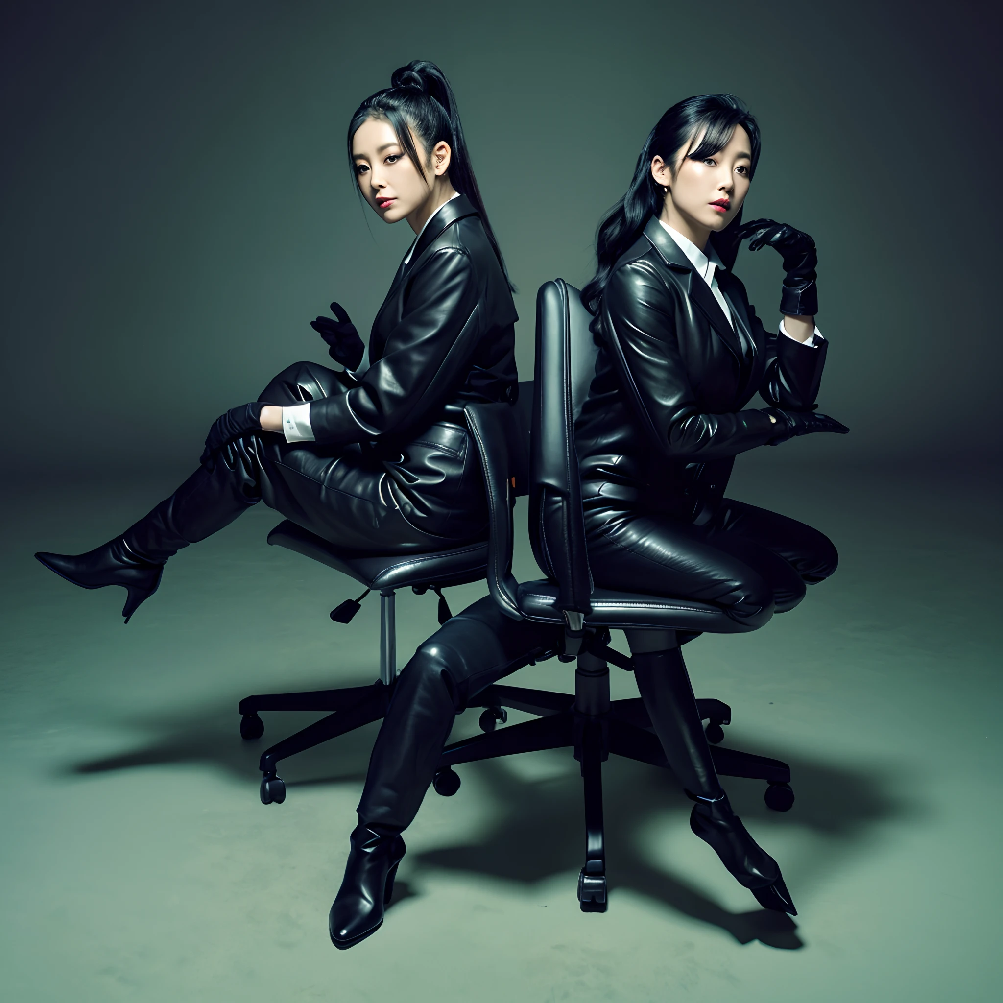 Wearing a black business pantsuit, Office in the Dark, With the fingertips of the black leather gloves of both hands while looking at the screen、Tapping the keys on the keyboard of a black laptop on a desk,Sitting on a large chair with a black leather backrest、 Japan Female New Employees (Black leather gloves cover both hands) (The angle is sideways)、Black leather long boots、Black hair ponytail ((He wears black leather gloves on both hands))
