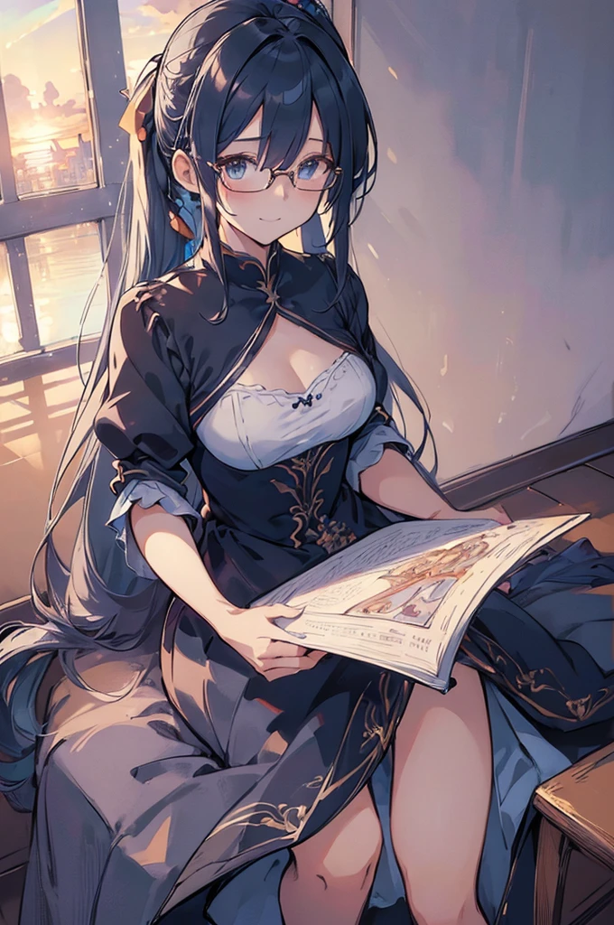 (((Masterpiece))),(((Best quality))),(((Amazing detail))),((illustration)),((A high resolution)),((8K)),((Anatomically correct)),Blue long hair,High ponytail,Delicate hair,a matural female,black-frame glasses,Light smile,adjusting eyewear,angle of view,Anime,Depth of field,Classroom Background,Sunset,Soft light,From above,Lens flare