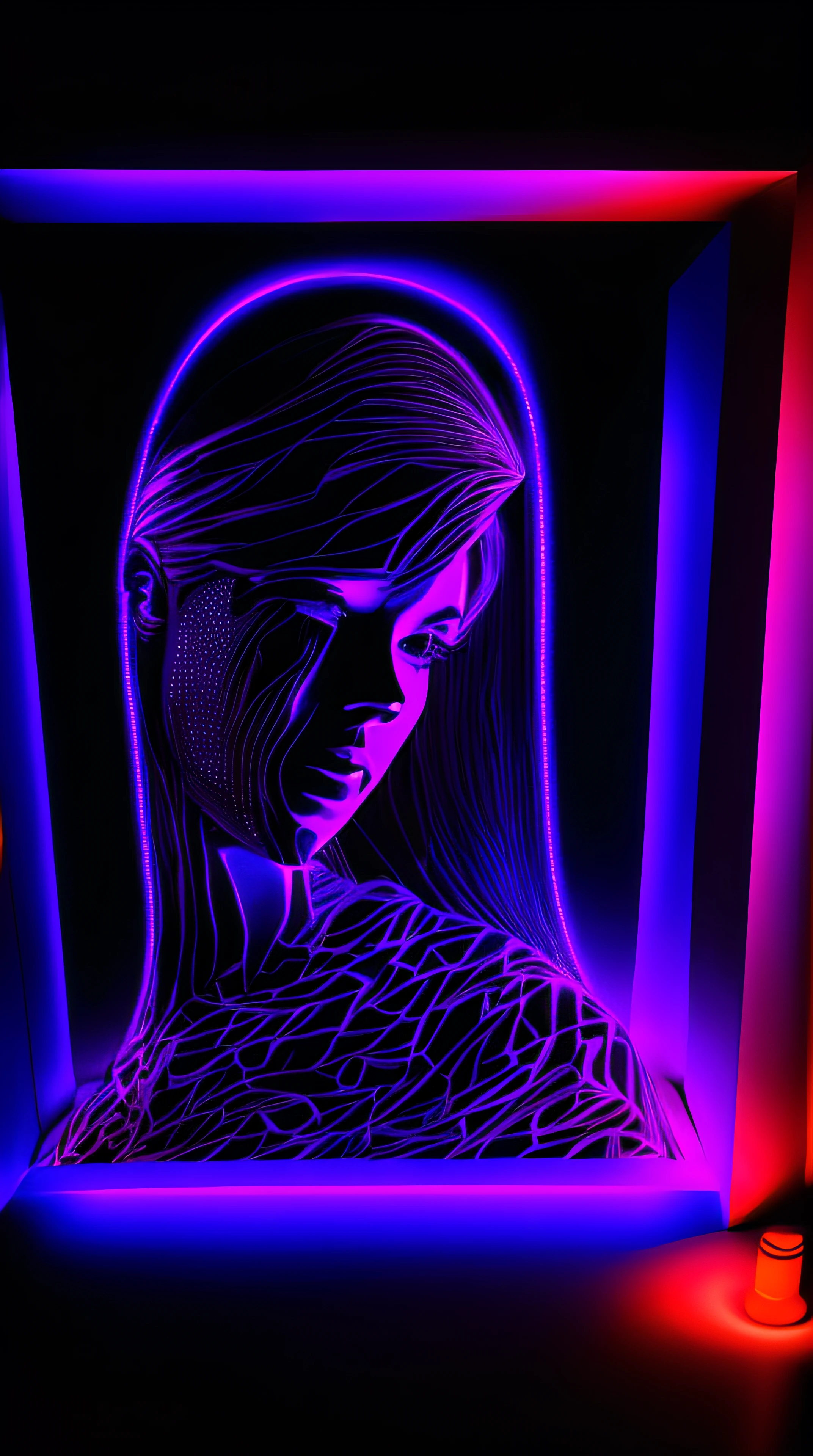 a picture of a (3DMM picture of a woman, (3 d depth of field: 1.4)) in a 3 d picture frame, 3DMM frame of lights, illusion of disappearing to infinity, RGB led point lights disappear inward from edge, infinity mirror, 3 d neon art of a womens body, psychedelic photoluminescent, vivid!!, psychedelic lighting, psychedelic black light, by Jon Coffelt, lsd visuals, neon version of style jim burns, ledspace, skin made of led point lights, RGB led effects