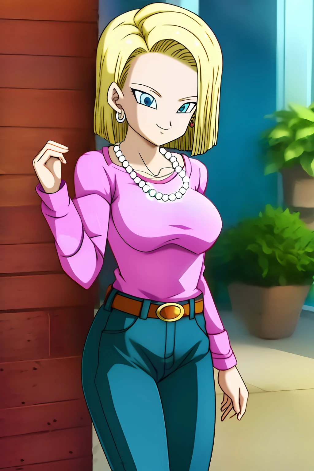 Android18, 1girl in, Solo, breasts, Smile, Short_hair, Blue_Eyes, Blonde_hair, Shirt, long_sleeves, Jewelry, Medium_breasts, earrings, Belt bag, Pants, Necklace, denim, casual, jeans, bead_Necklace, pearls_Necklace