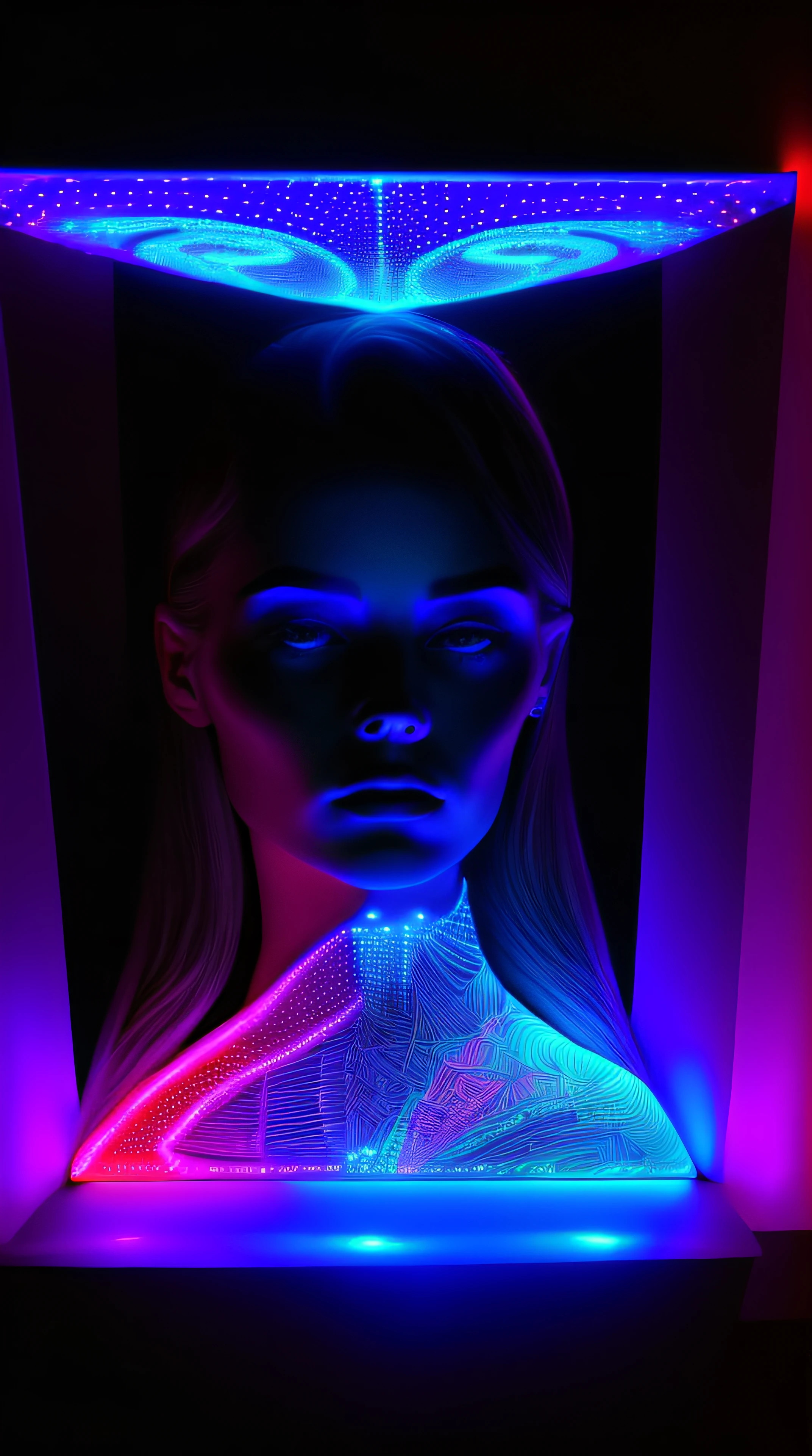 a picture of a (3DMM picture of a woman, (3 d depth of field: 1.4)) in a 3 d picture frame, 3DMM frame of lights, illusion of disappearing to infinity, RGB led point lights disappear inward from edge, infinity mirror, 3 d neon art of a womens body, psychedelic photoluminescent, vivid!!, psychedelic lighting, psychedelic black light, by Jon Coffelt, lsd visuals, neon version of style jim burns, ledspace, skin made of led point lights, RGB led effects