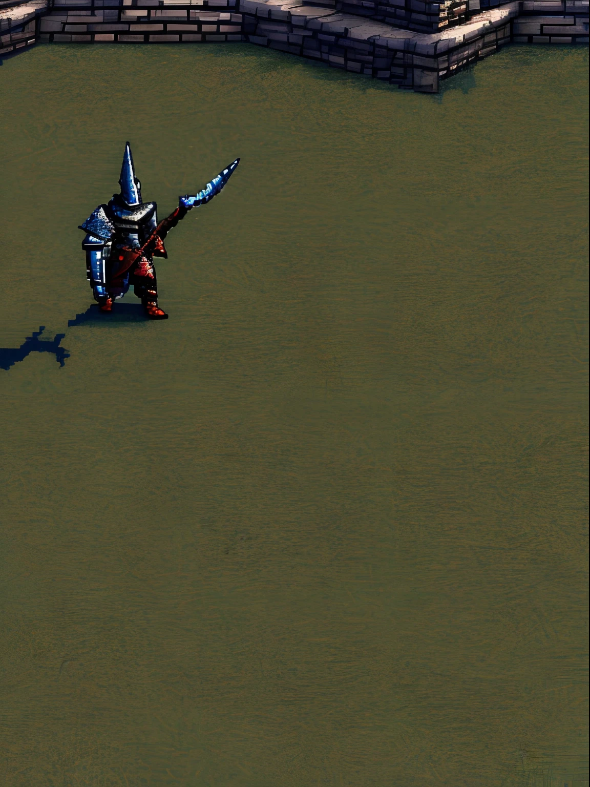 uma imagem em pixel art de um cavaleiro com um machado gasto e um capacete com chifres vermelhos, armadura preta com detalhes vermelhos, Armadura preta com detalhes vermelhos, preta e vermelha com chifres nos ombros, personagem demoniaco, Armadura Conceitual, novo conceito de figurino, Estilo Dark Souls, Personagem de Dark Souls, conceito de personagem