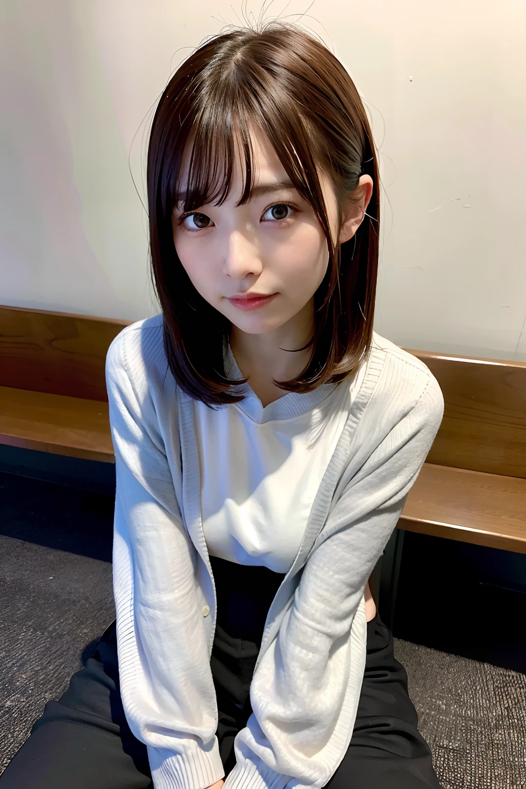 best qualtiy，超高分辨率，（真实感：1.4），1girl，Solid black sweatshirt on the upper body，shorter pants，Sit on the bench，Sole surface of the foot（Faded gray hair：1），（gigantic cleavage breasts：1.2），looking at viewert，closeup cleavage，