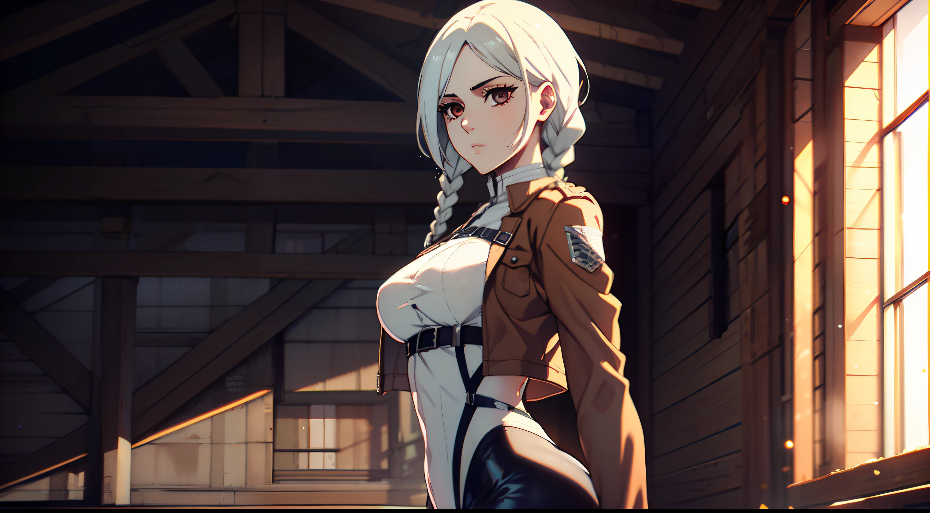 photo portrait, Beautiful figure, Lucy from the anime series Cyberpunk Edge Runner, a 1girl, facing the viewer, Beautiful figure (Proper Anatopy 1.1.), in full height (Body Full 1.1), Slim, Slender figure, Slender figure, shapely legs, leather pants, Anime style, white colored hair, white colored hair, that disappear at the ends, Bob hairstyle, short white jacket, tight black suit, Cutouts on the shoulders, Cutouts on the chest, Skinny black leather pants, Very detailed face, Very beautiful face, Very sexy ass, in full height (Body Full 1.1), Tall android girl, small elastic breasts, Little ass, Glitter Head Mask, Hair is gathered in a braid, Beautiful slim figure, small buttocks, A braid around the head, Round braid, Red Star in the Forehead, Short Brown Jacket, black tight suit, darkly,gris & Dark Style:1.1), Light, femininity,tmasterpiece,beste-Qualit,higly detailed,Visible to the feet, 8K resolution, High Sharp, 8K resolution, higly detailed, 8K UHD, Professional lighting, Photon mapping,physical based rendering, a perfect face, detailed face and body, ray traced, expressive look, Cinmatic Lighting,elastic small breasts, Heightened sexuality,